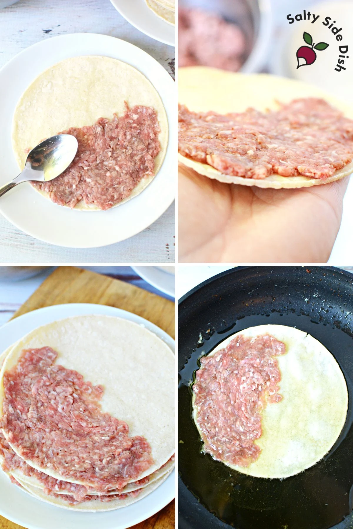 Spreading thin layer of raw seasoned beef onto white corn tortilla with back of spoon