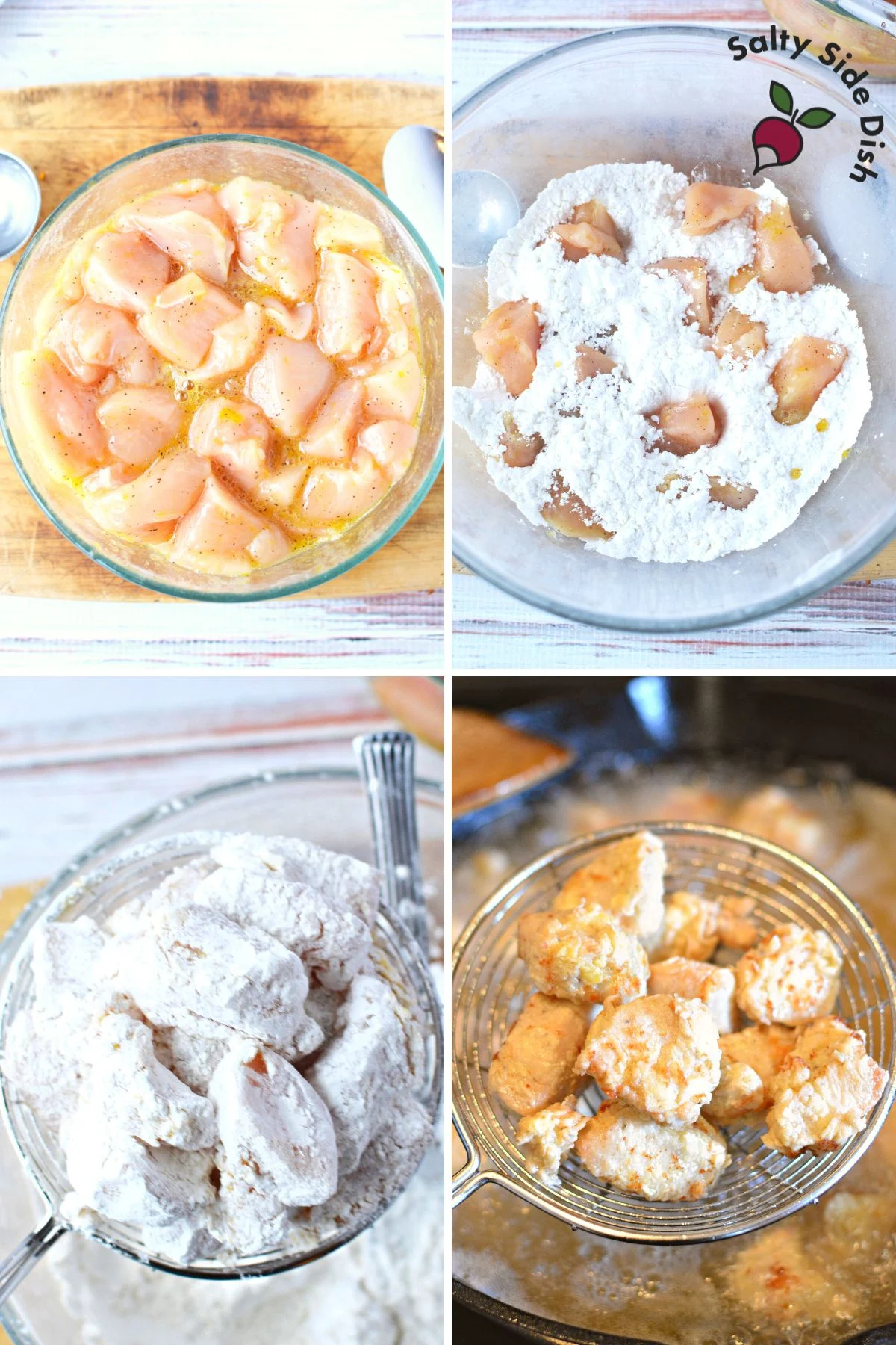 frying chicken with batter in oil.