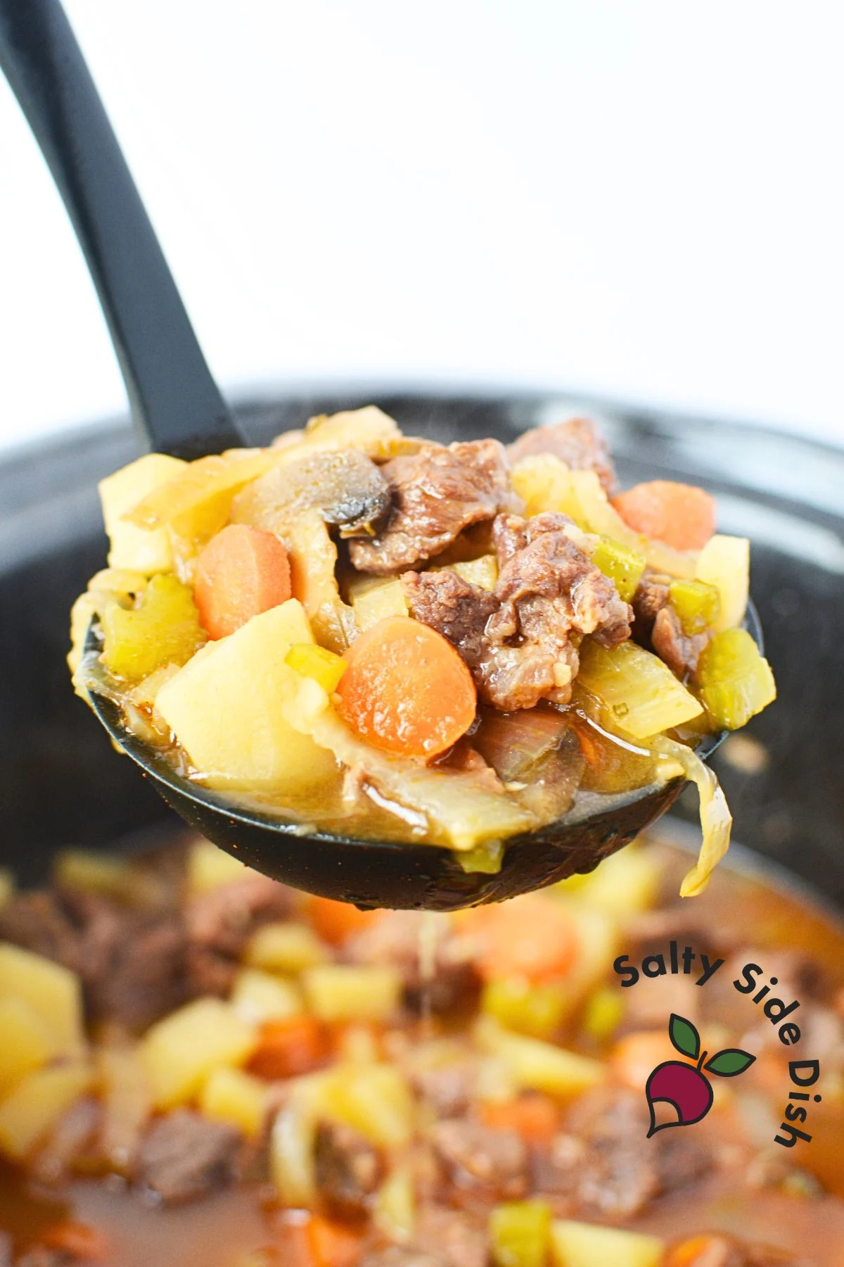 beef stew in a ladle.