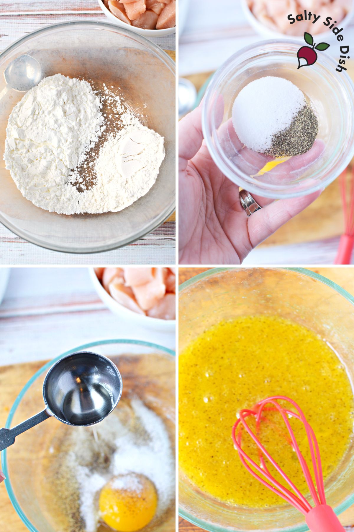 Making chicken batter with eggs, flour, and cornstarch.
