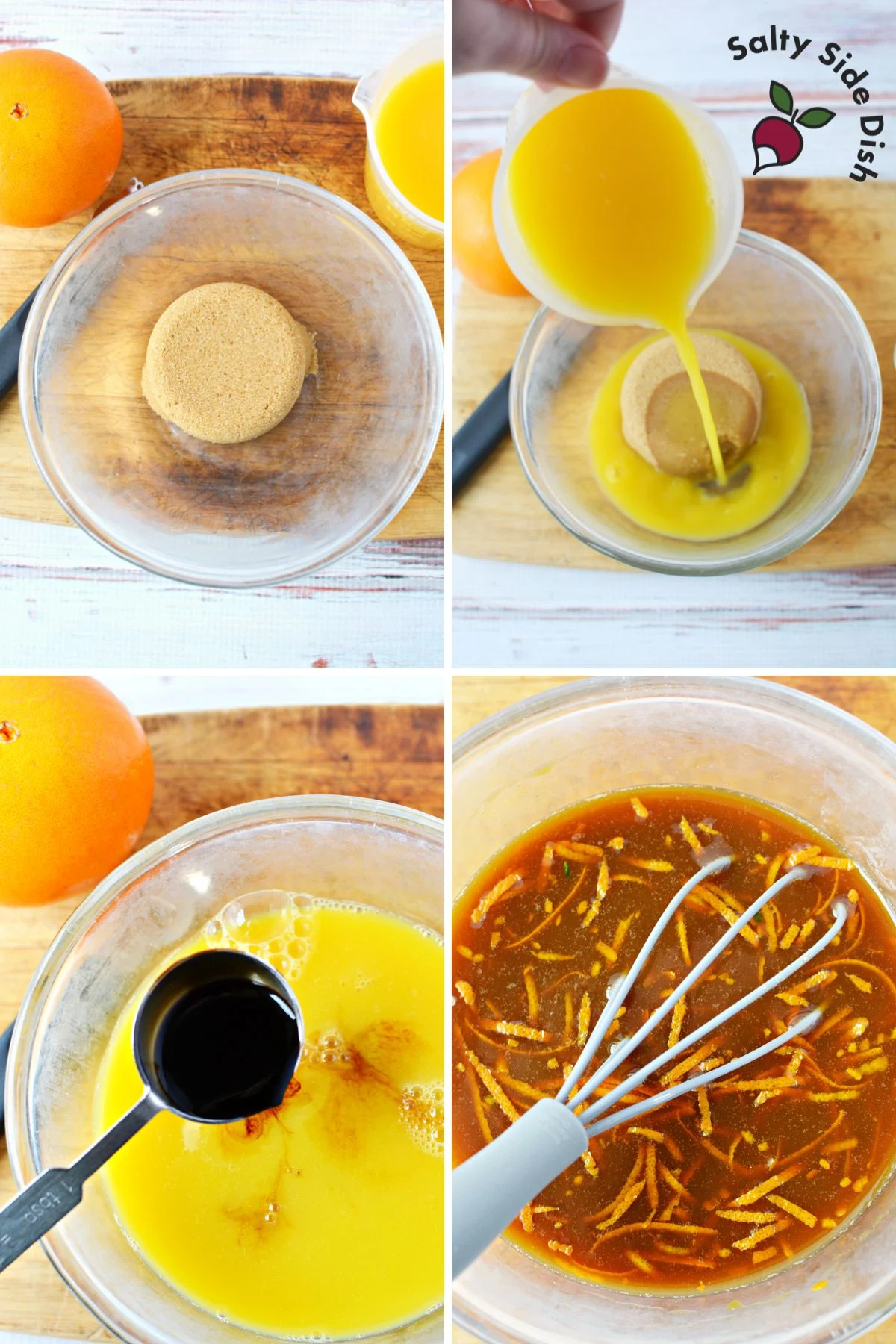 4 collage with ingredients mixing up chicken orange sauce.
