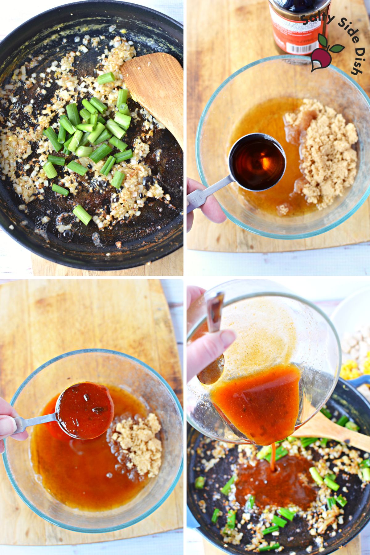 adding pad thai sauce to skillet.