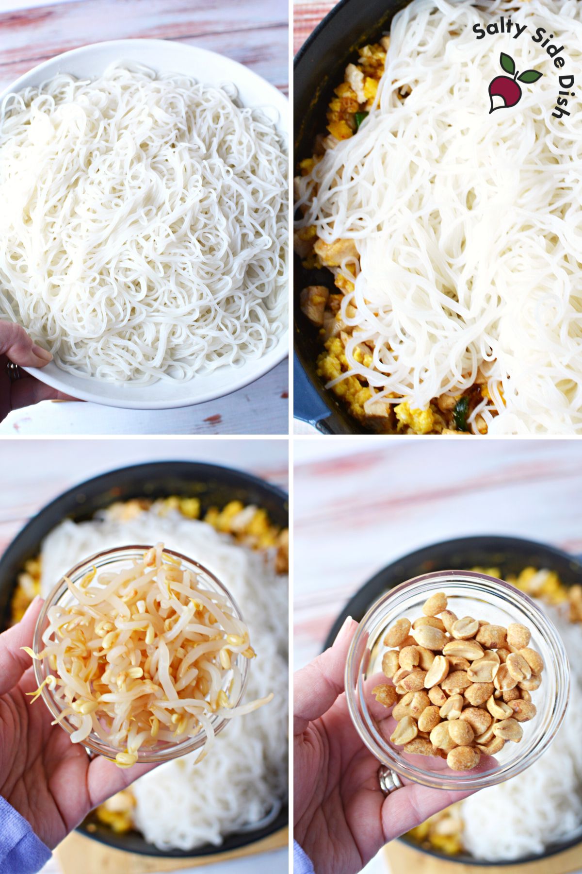 add noodles, peanuts, and bean sprouts to the skillet.