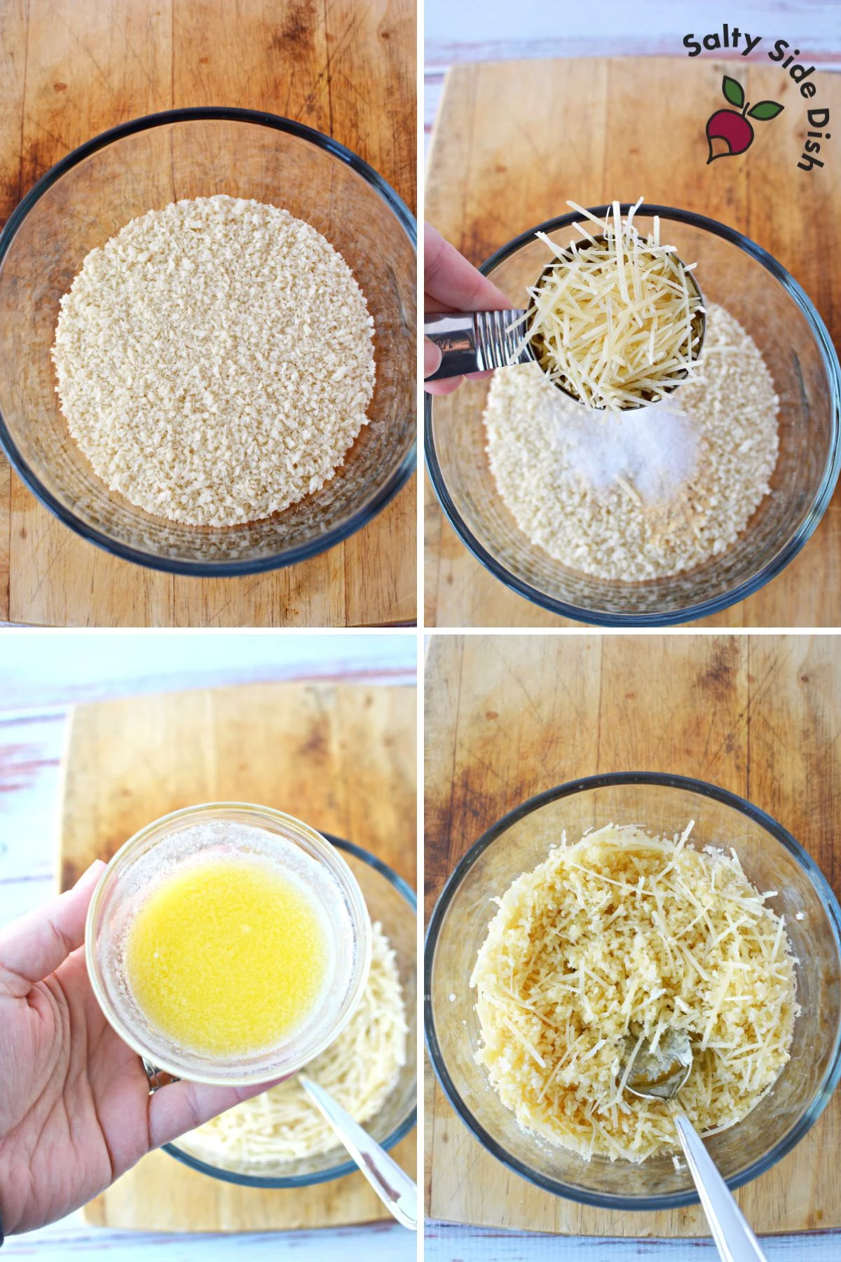 collage showing combination of panko breadcrumbs, butter, and parmesan cheese in a bowl.