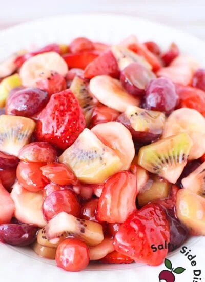 pie filling fruit salad in a white bowl.