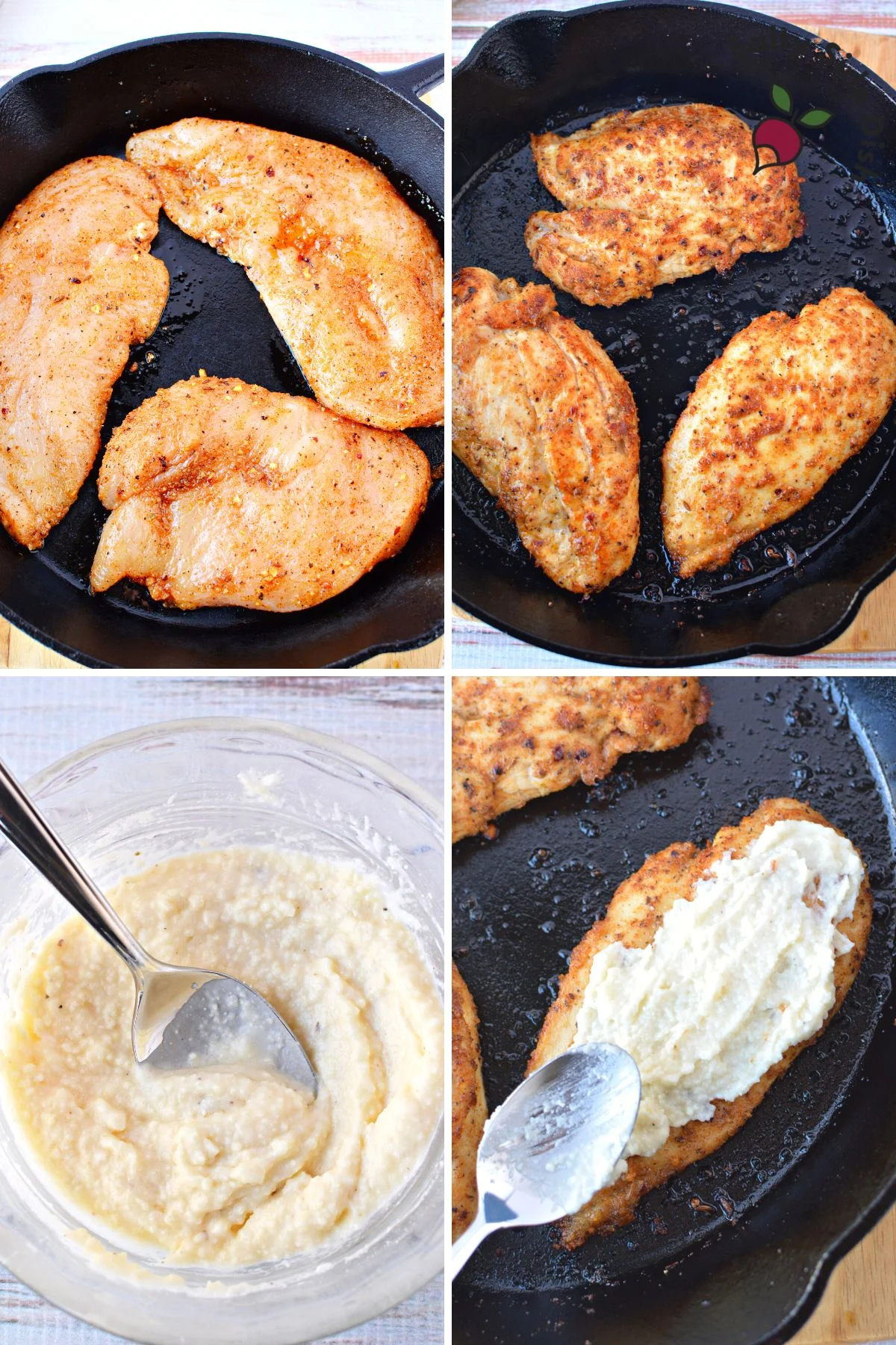 seasoned chicken breasts with ranch dressing being added.