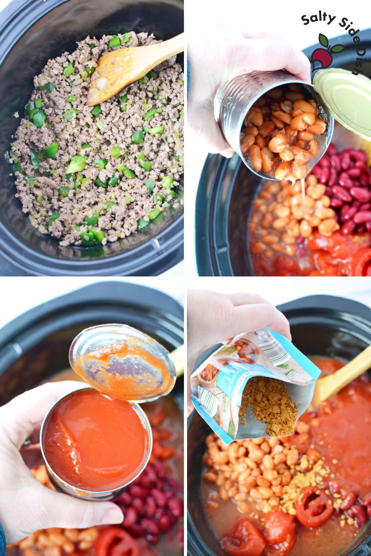 slow cooker chili ingredients in a 4 part collage image.