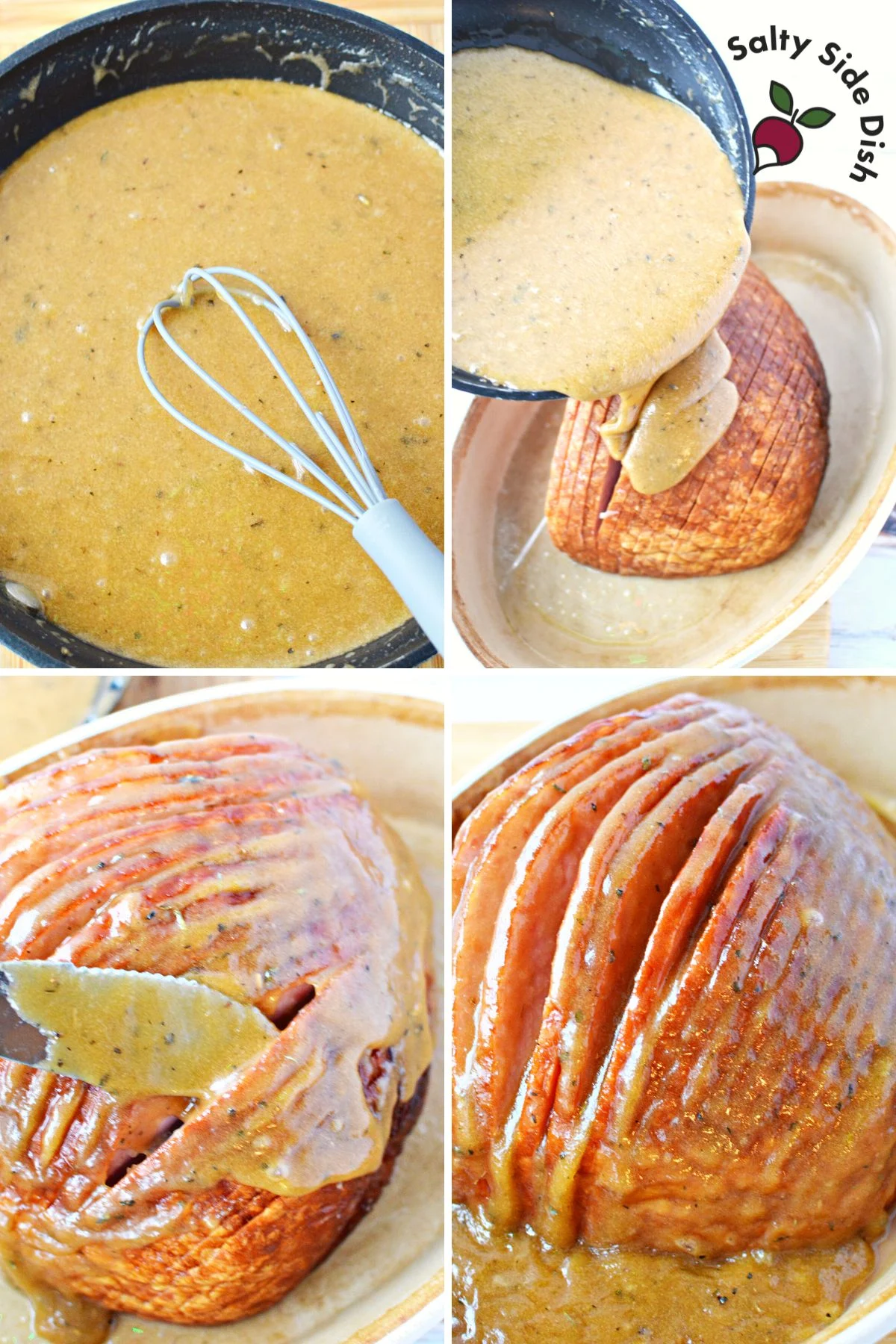 pouring brown sugar glaze over uncooked ham.