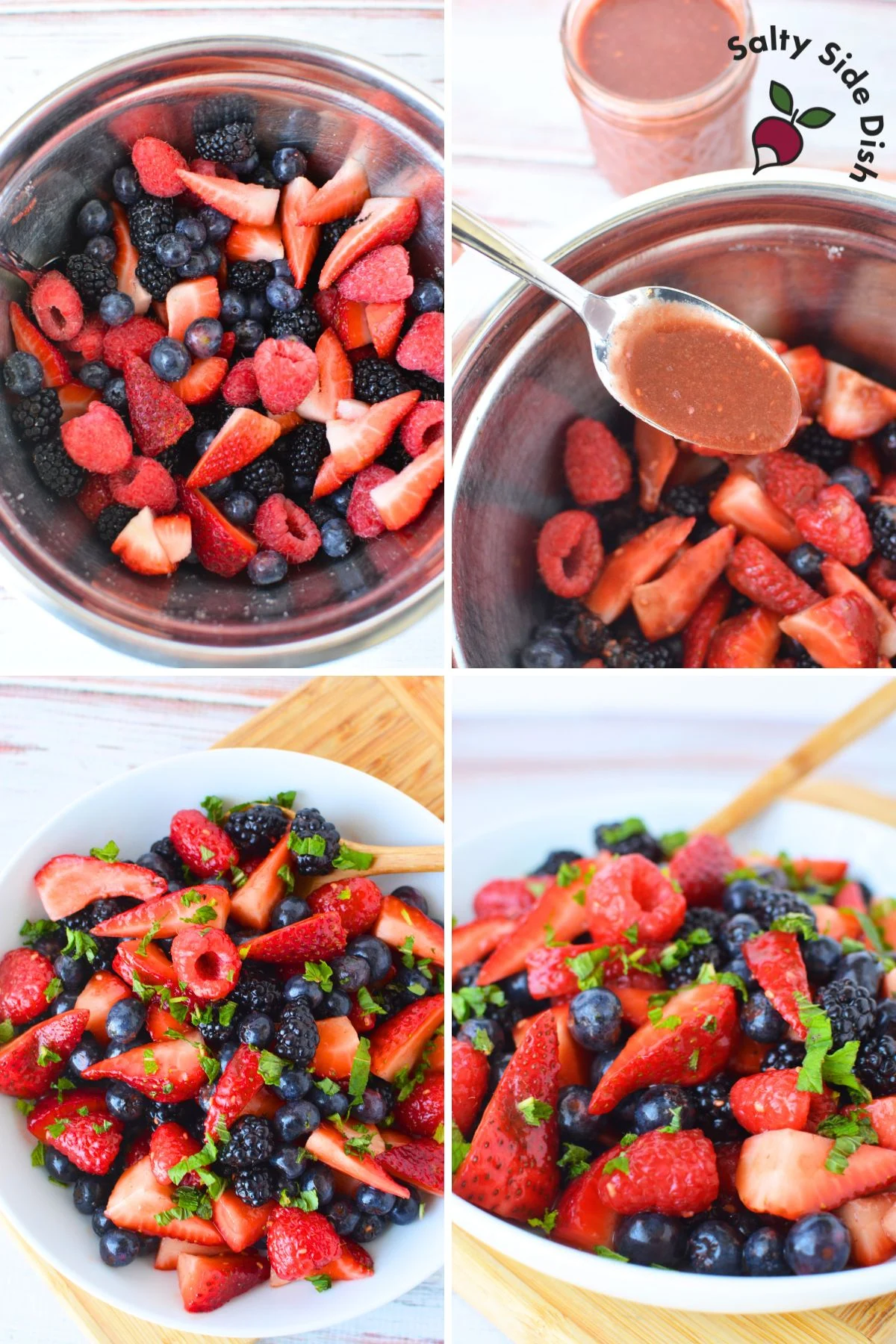 collage with four images of assembling berry salad and vinaigrette