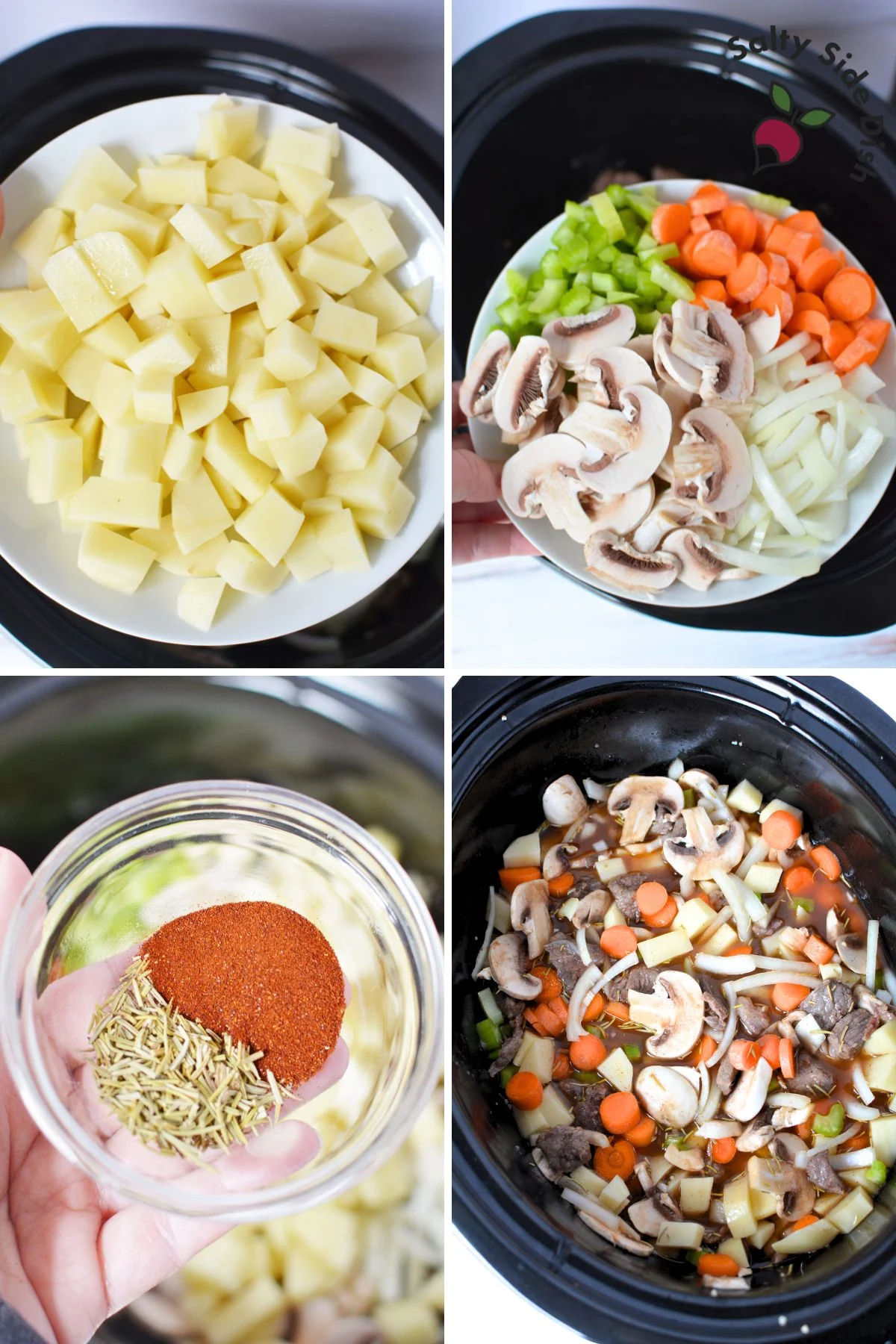 vegetable chunks in crockpot with stew meat.