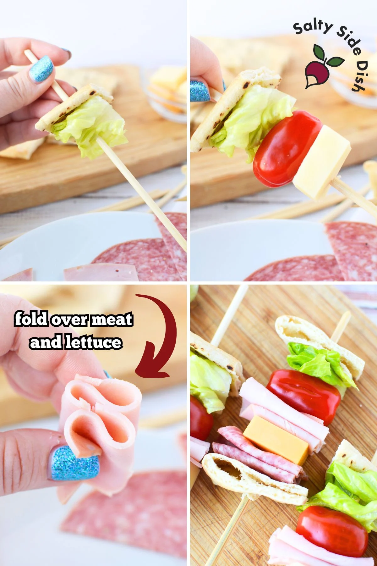 assembling a skewer appetizer with sandwich ingredients on it for a party.