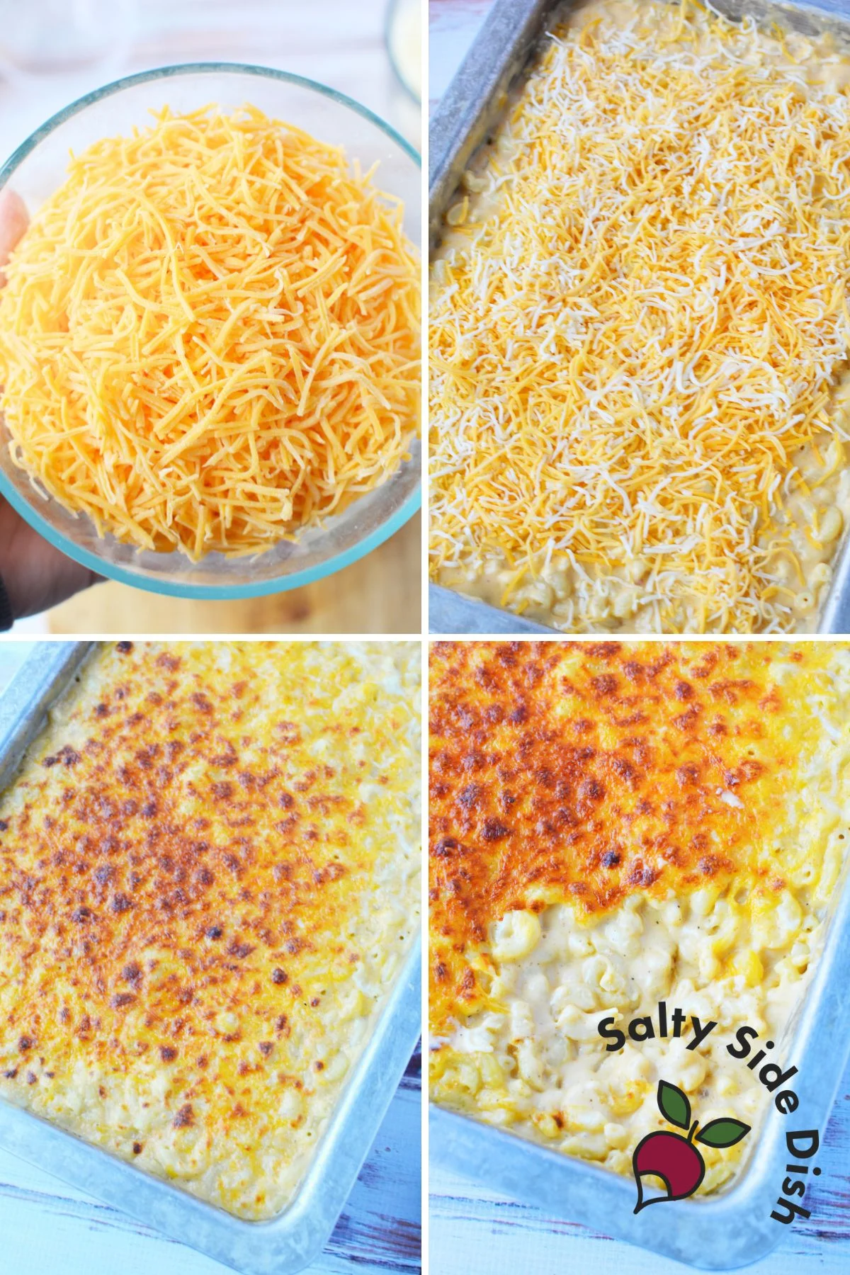 Freshly baked three-cheese mac and cheese in a 9x13 pan
