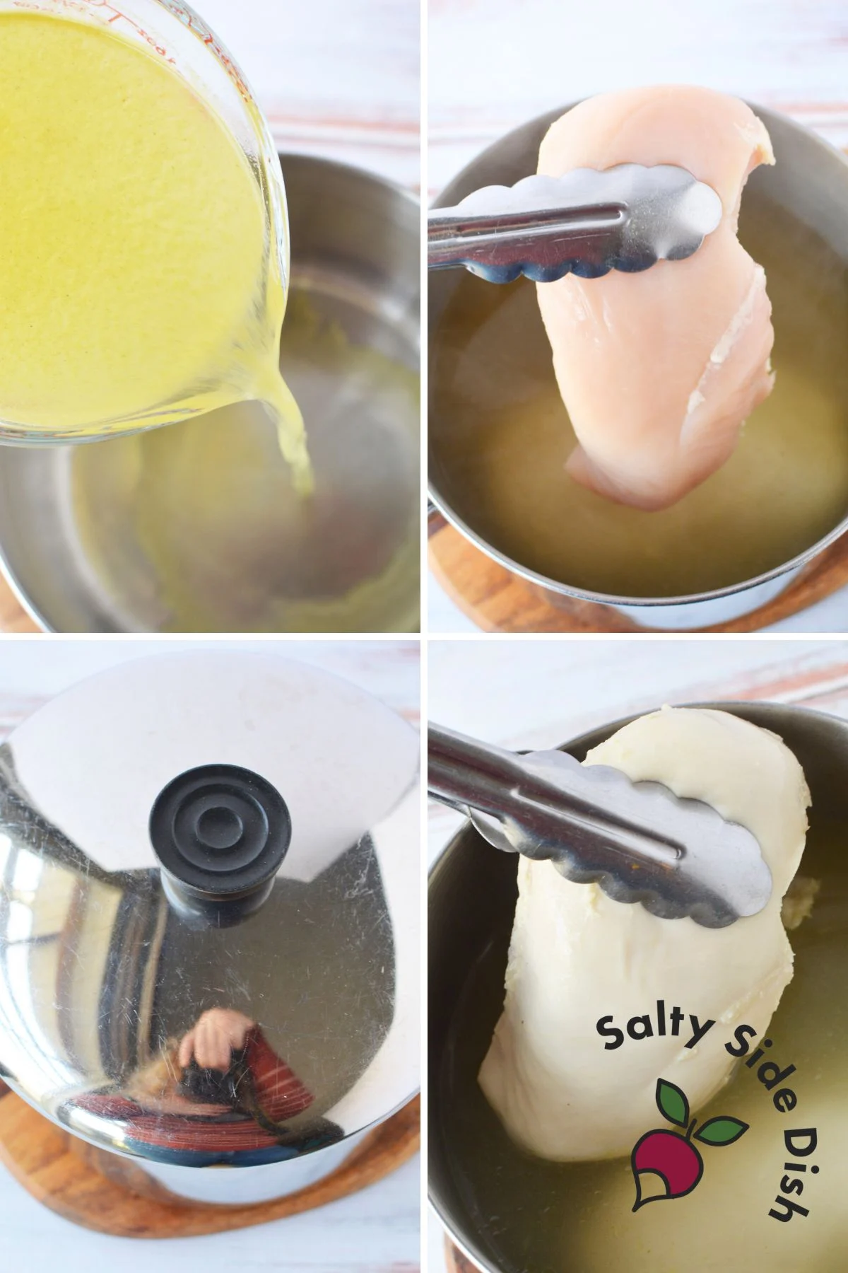 Boiled chicken fillets in a pot.