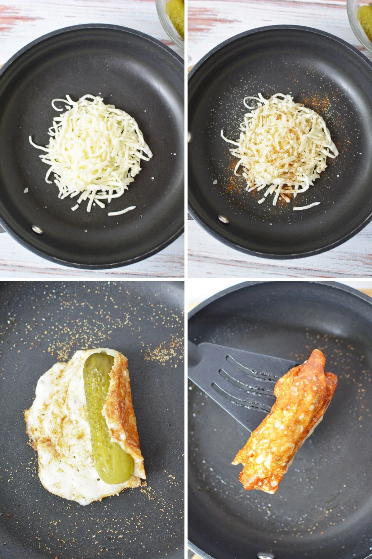 Shredded mozzarella cheese melting in a skillet.