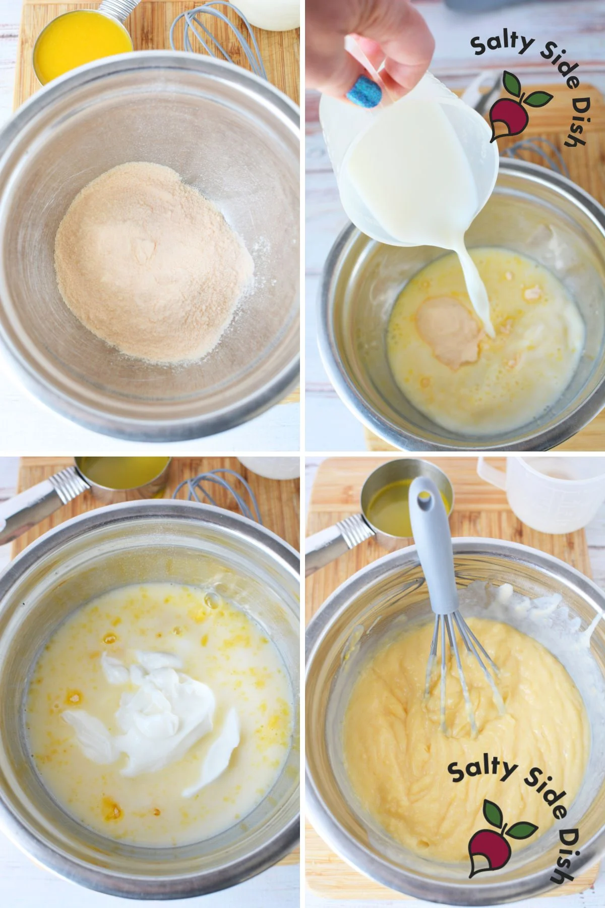 Mixing the pudding mixture for fruit salad.