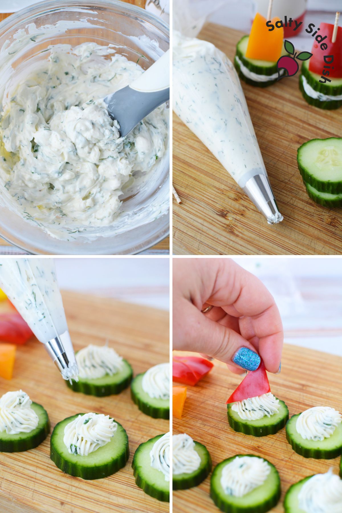 Sliced cucumbers and bell peppers arranged on a cutting board. Piping cream cheese mixture onto cucumber slices. Finished cucumber appetizers on a platter.