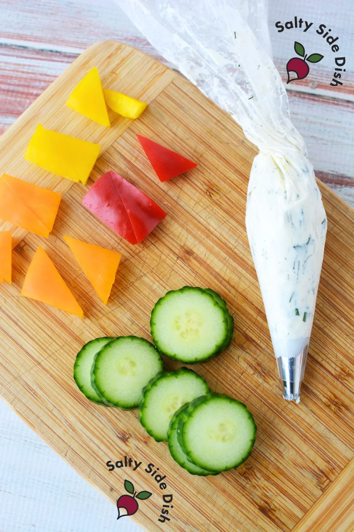 one set of great ingredients like slices of cucumber, bell peppers in colors, and our cream cheese dip makes a great appetizer.