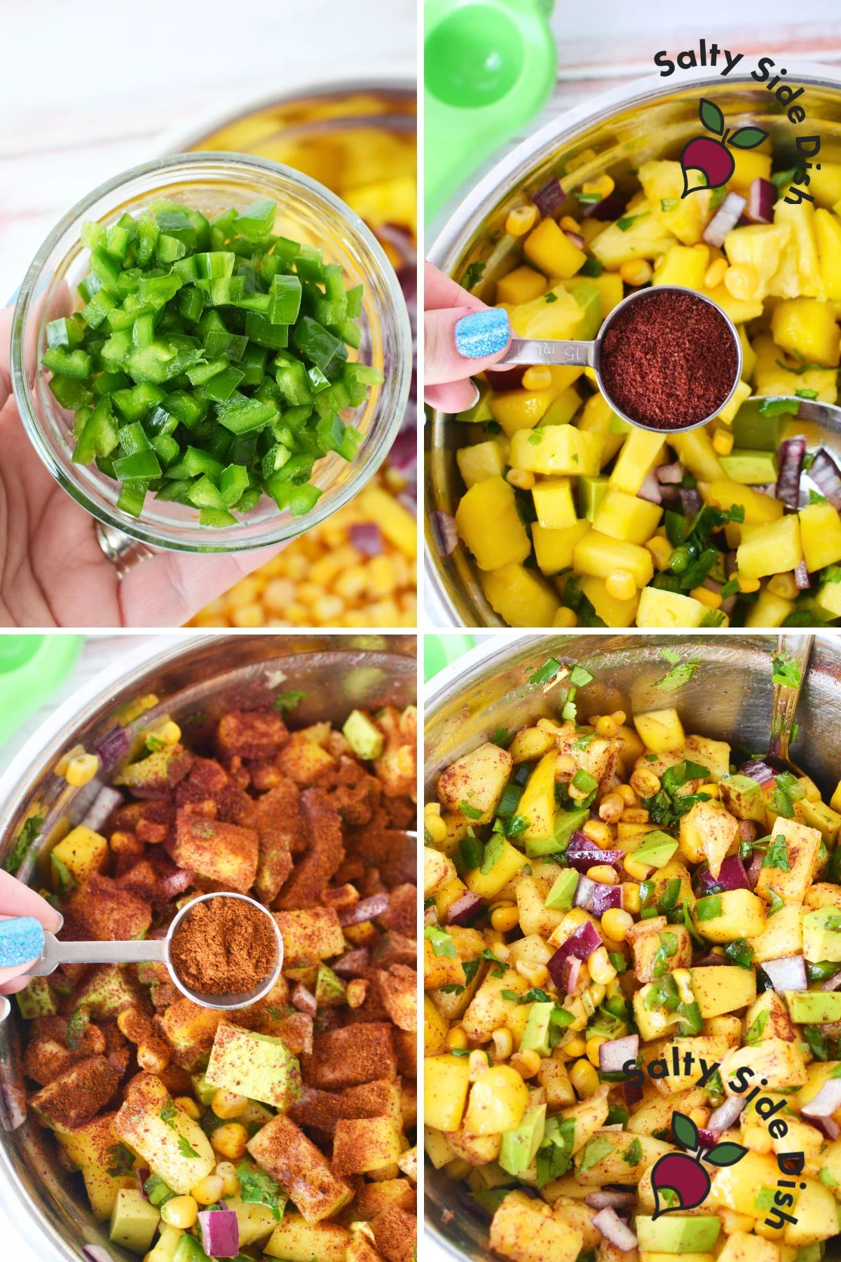 Close-up of Pineapple Mango Fruit Salad showcasing colorful chunks of pineapple, mango, red onion, avocado, and cilantro with a sprinkle of ancho chili powder and sumac.