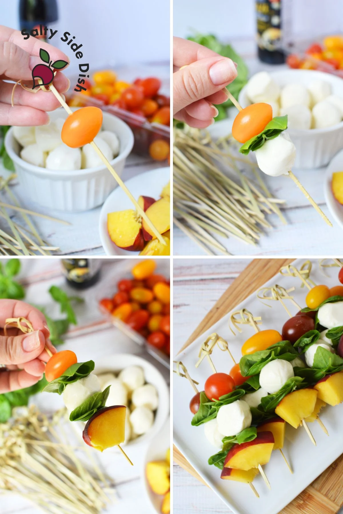making fruit and caprese skewers for a party, step by step instructions.