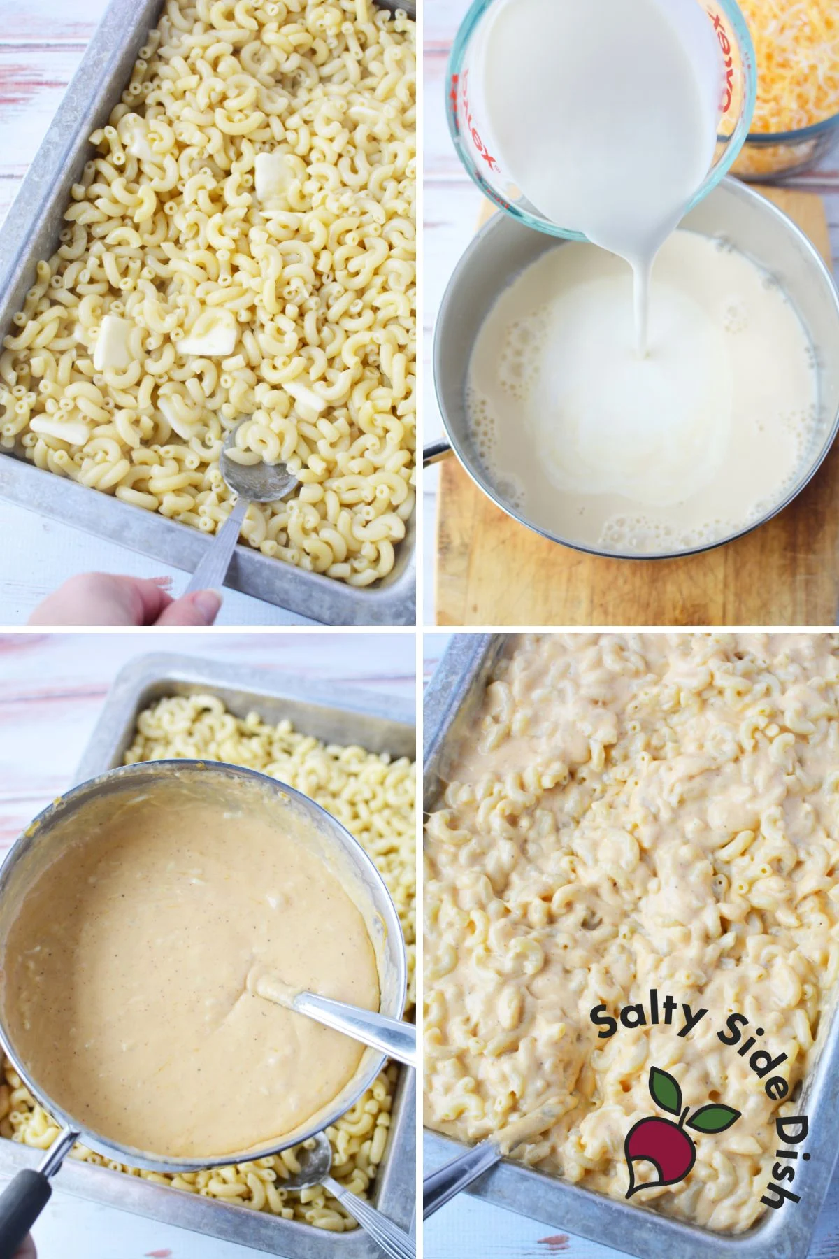 Elbow macaroni with melted butter in a baking dish" and Cheese sauce being poured over cooked macaroni