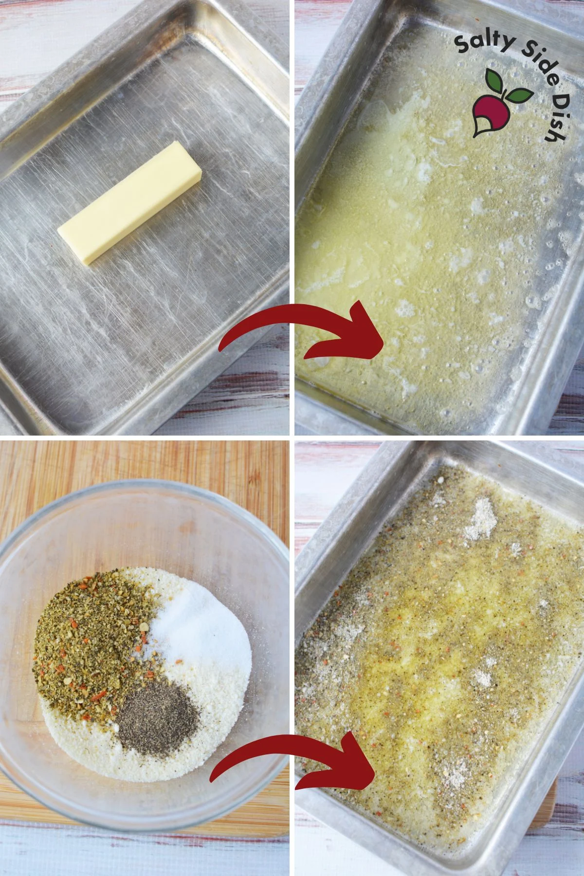 melting butter in baking pan for crusted parmesan carrots.