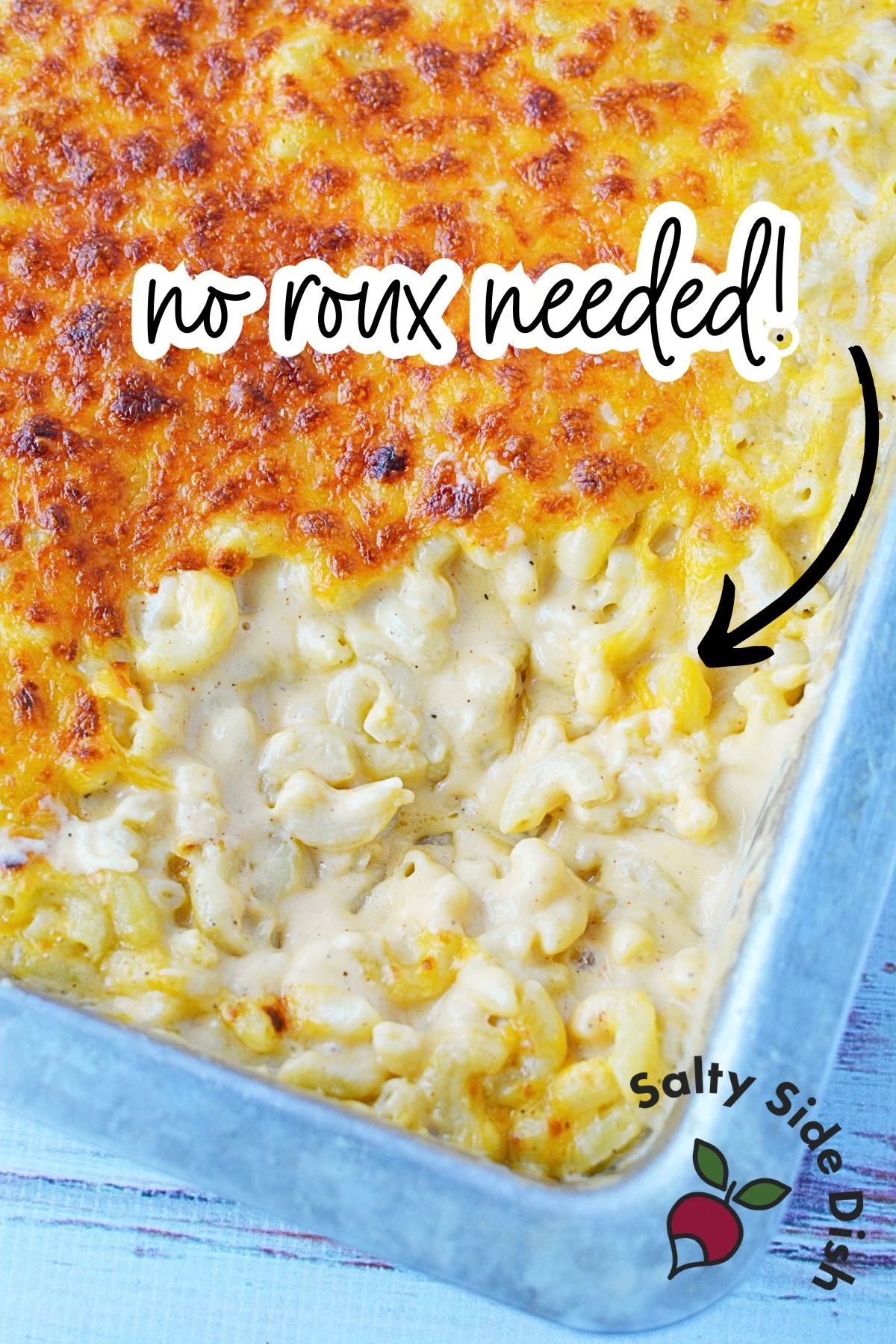 Baked mac and cheese with a golden, bubbly top.