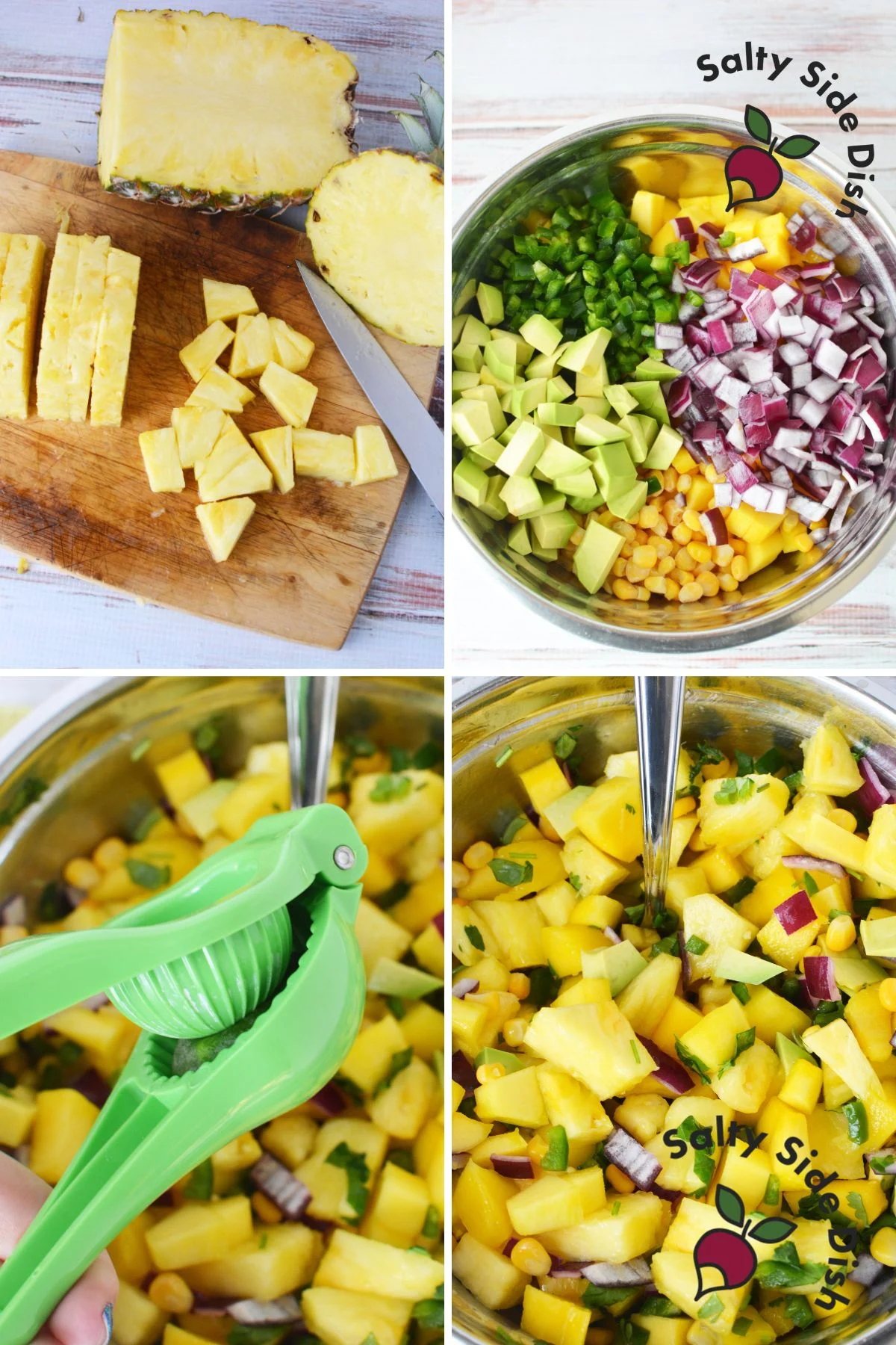 A large mixing bowl filled with chopped pineapple, mango, corn, red onion, jalapeno, avocado, and cilantro, ready to be mixed for Pineapple Mango Fruit Salad.