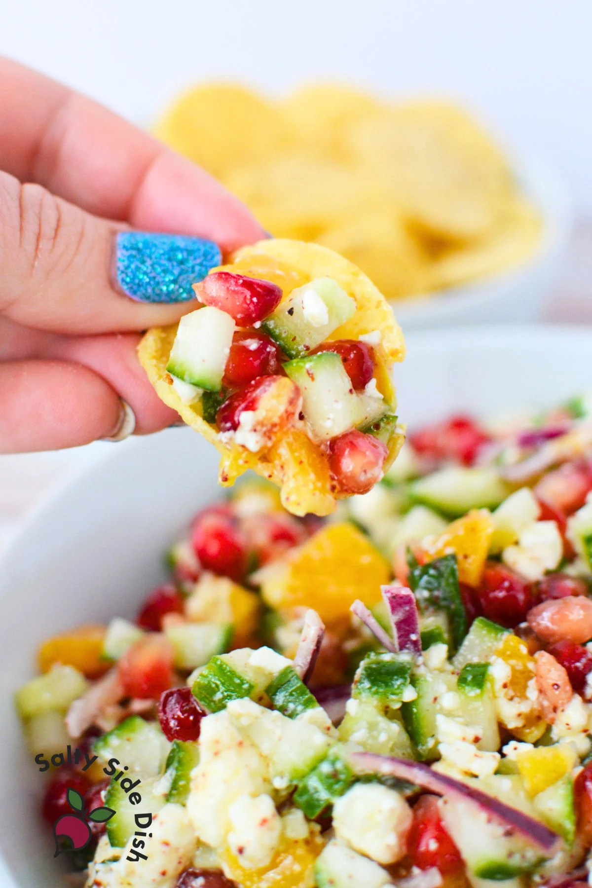 pomegranate dip like a chunky salsa and great with salty tortilla chips.