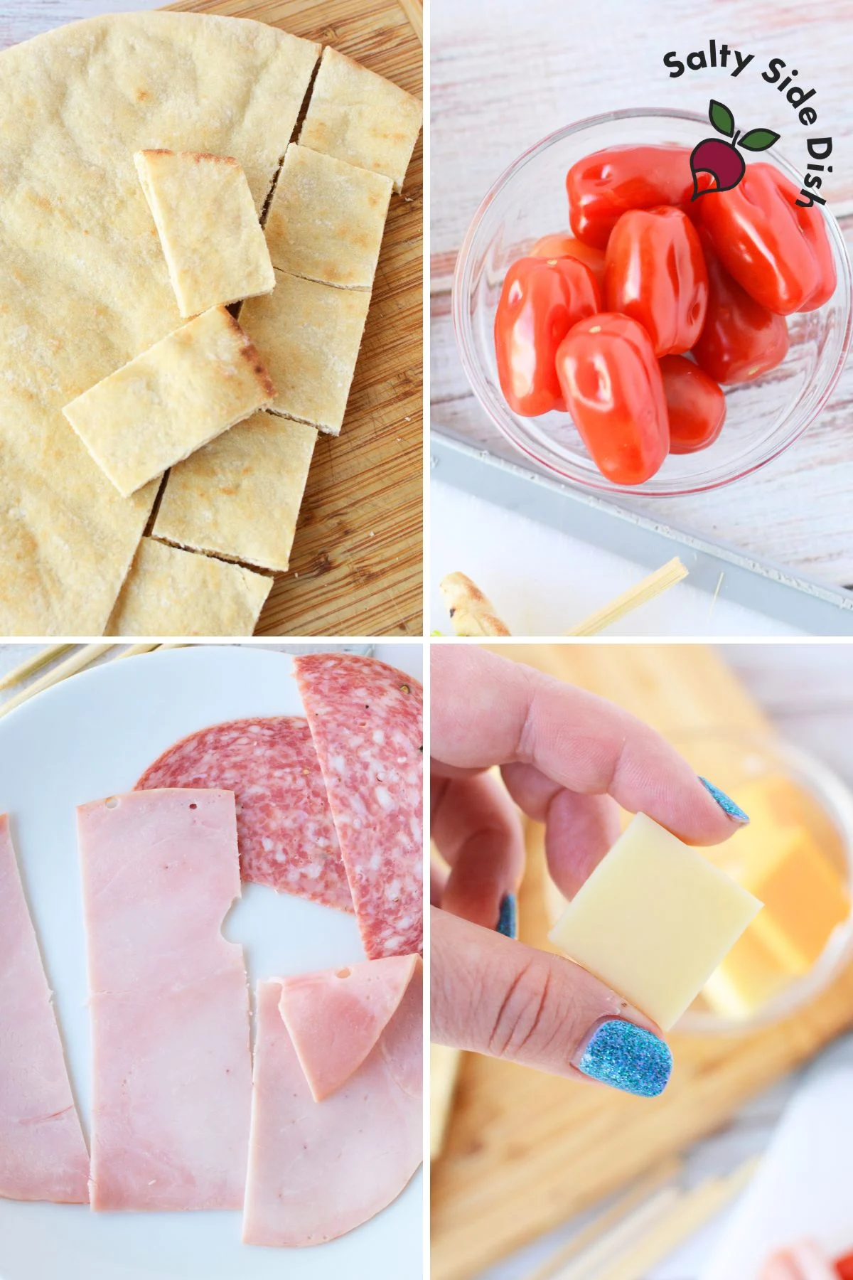 Hands assembling sandwich on a stick, sliding ingredients such as pita bread, lettuce, tomato, ham, cheese, and salami onto a skewer.