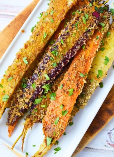 smothered rainbow carrots right out of the oven for a side dish.