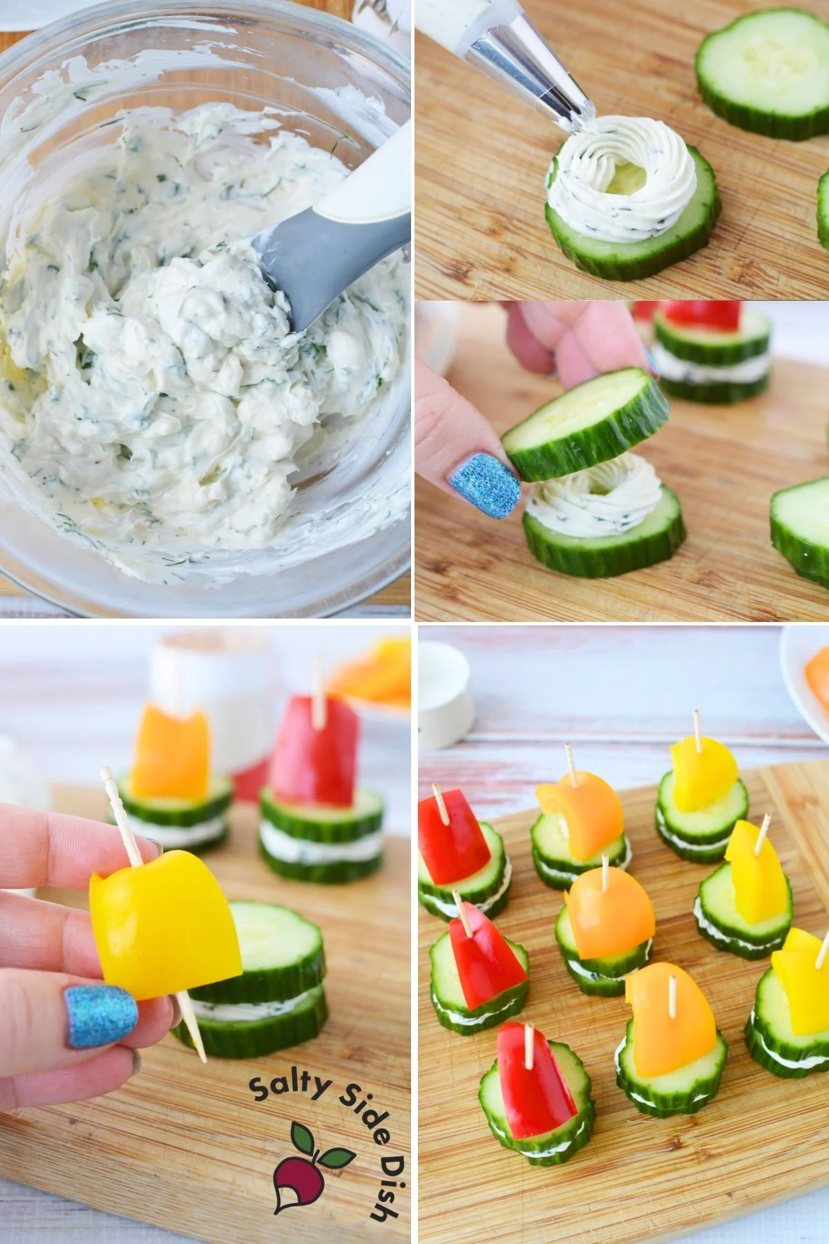 stacked cucumber bites that look like little sandwiches with cream cheese in middle and peppers on the top.