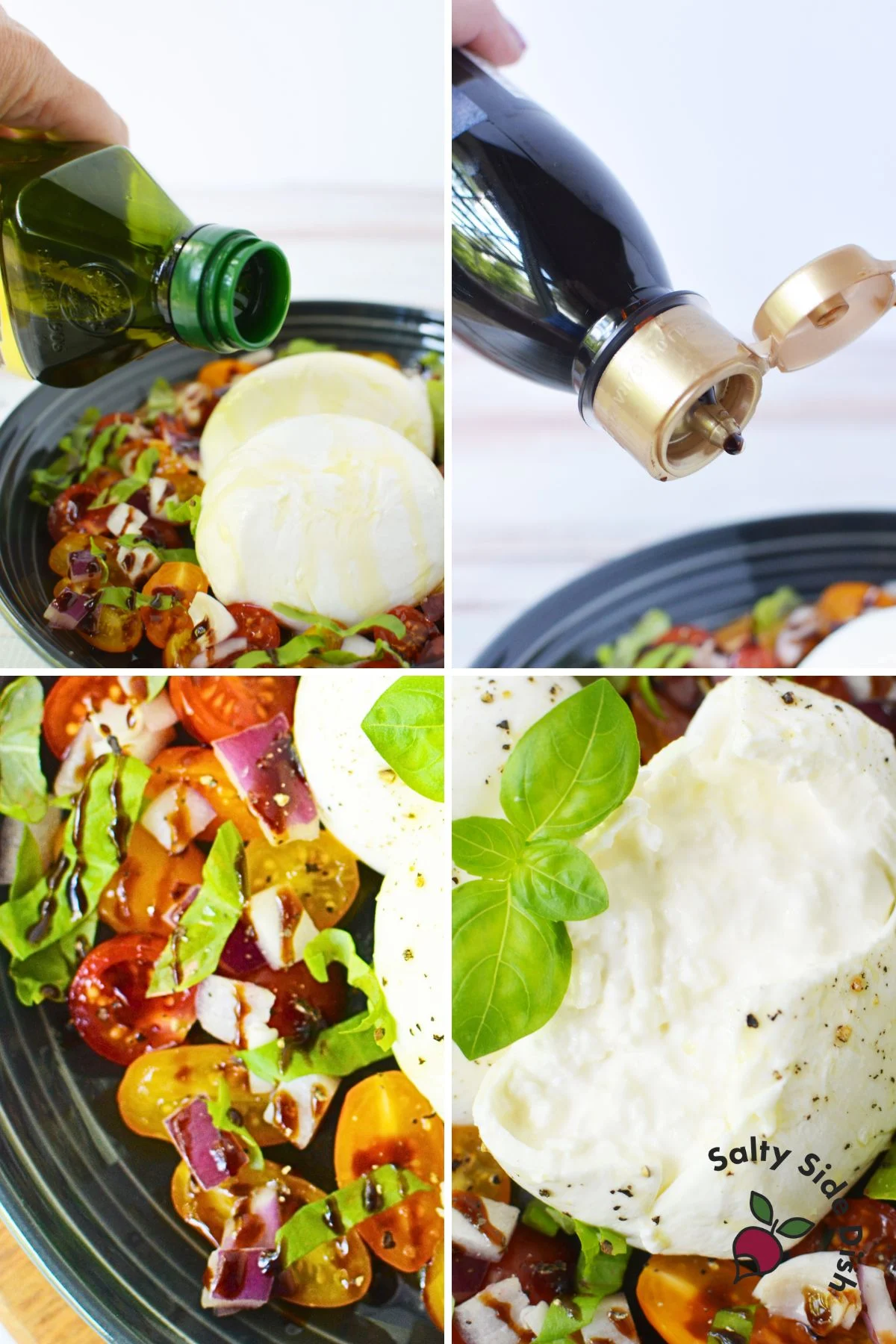 Drizzling balsamic glaze over burrata salad.