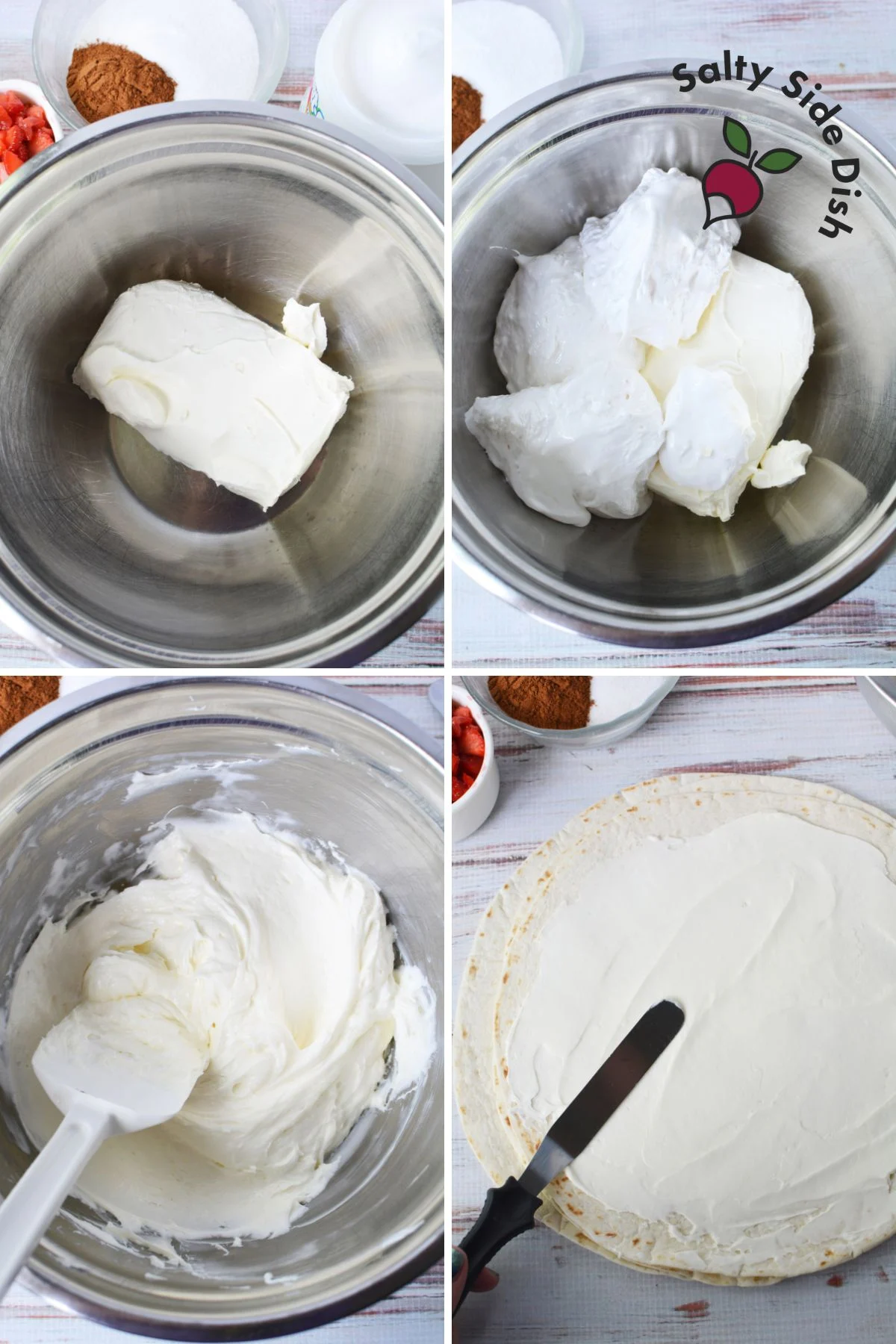 Easy cheesecake spread for roll-ups being prepped