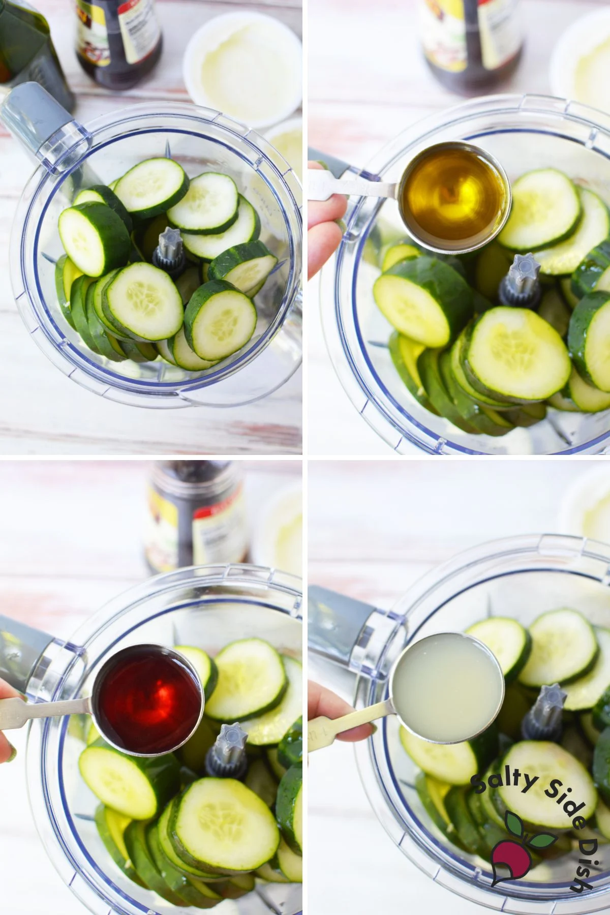 Ingredients for cucumber gazpacho being loaded into a blender.