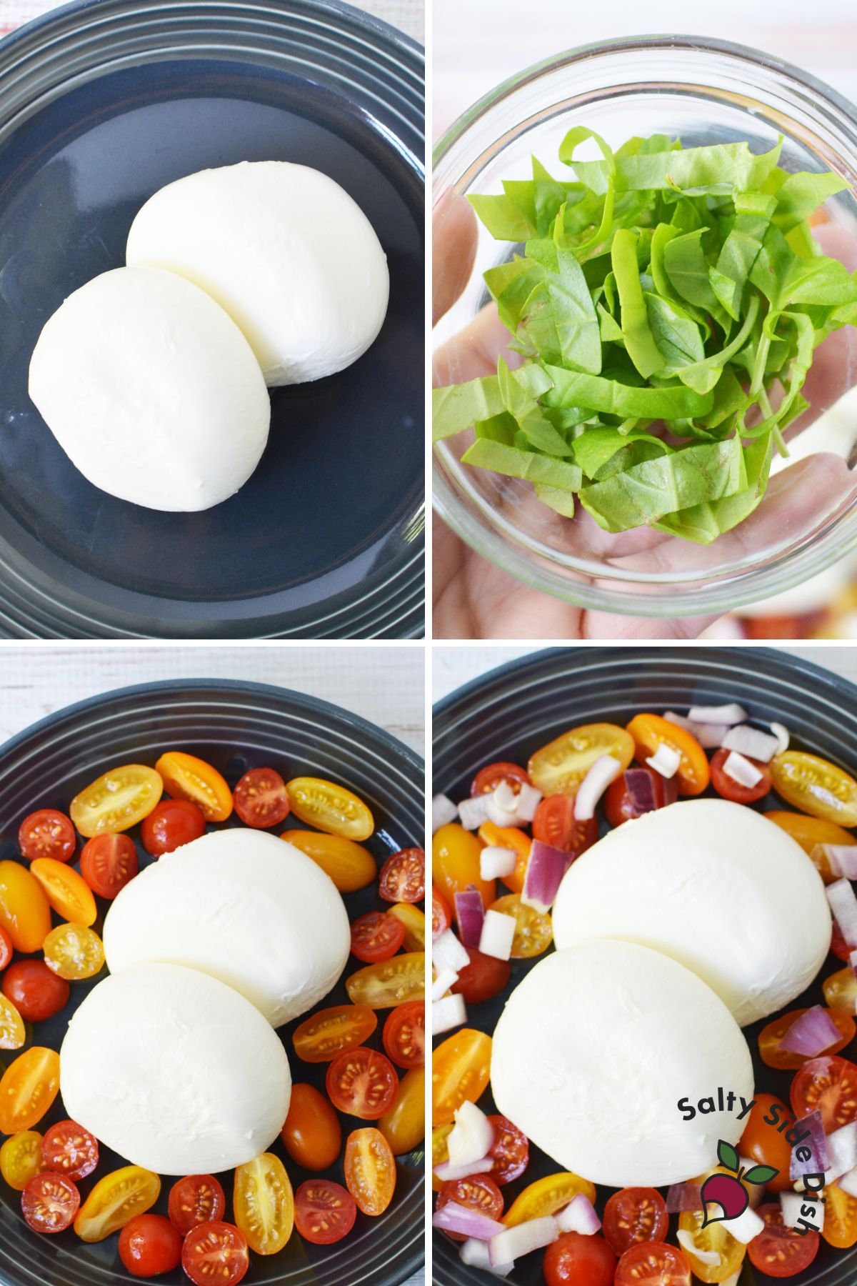 Burrata cheese and cherry tomatoes on a serving plate.