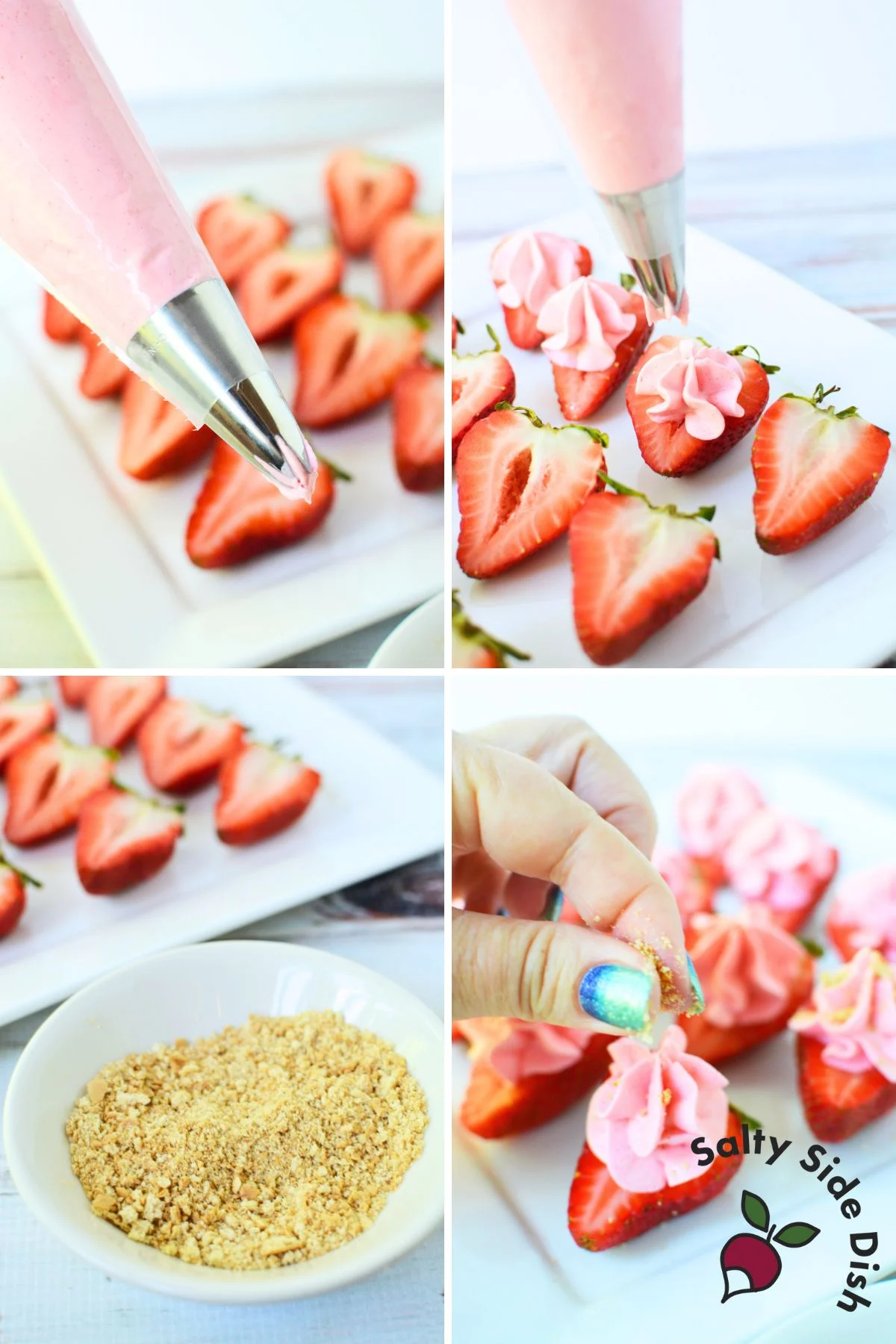 Piping cheesecake filling onto strawberries
