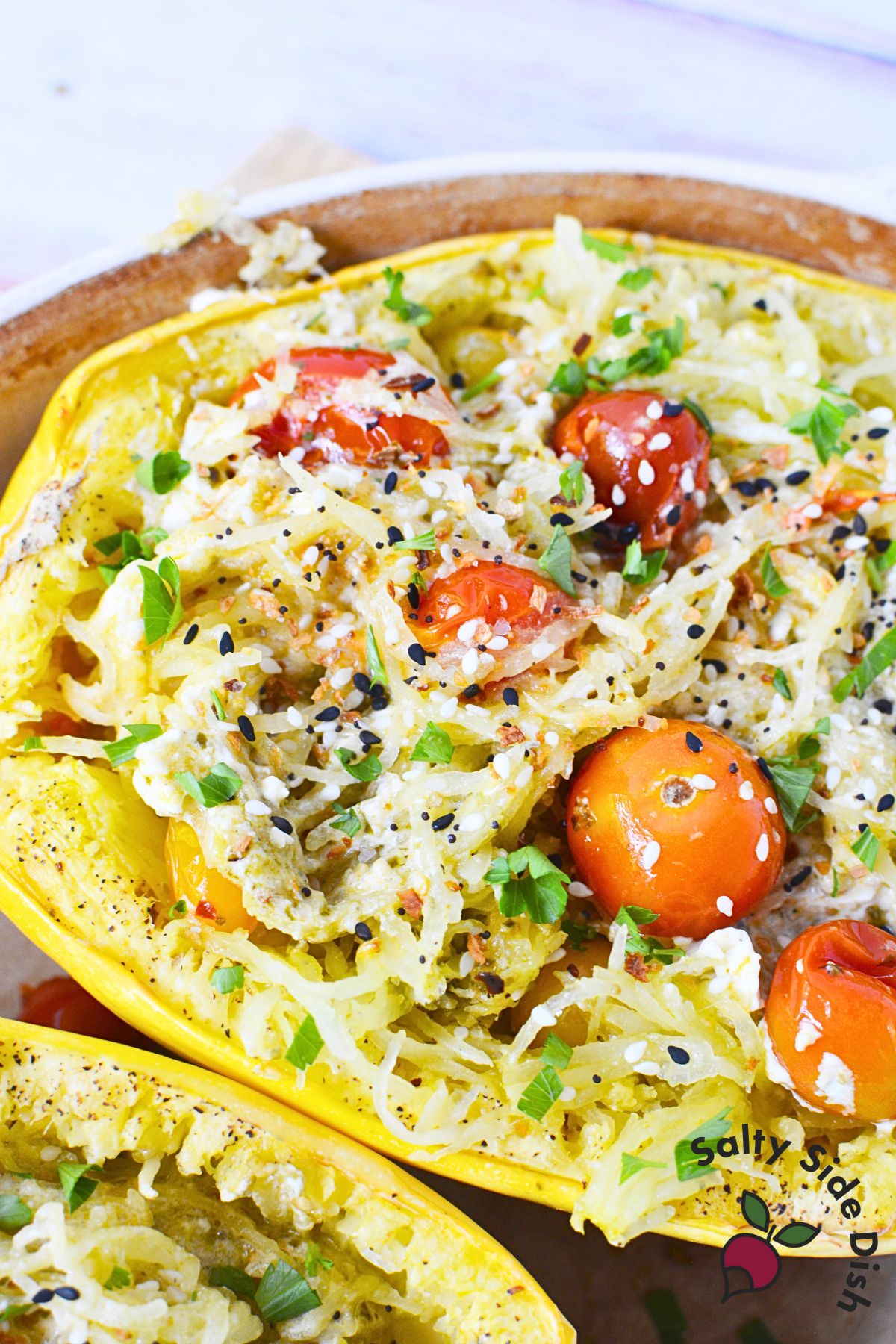 Feta spaghetti squash with everything bagel seasoning.