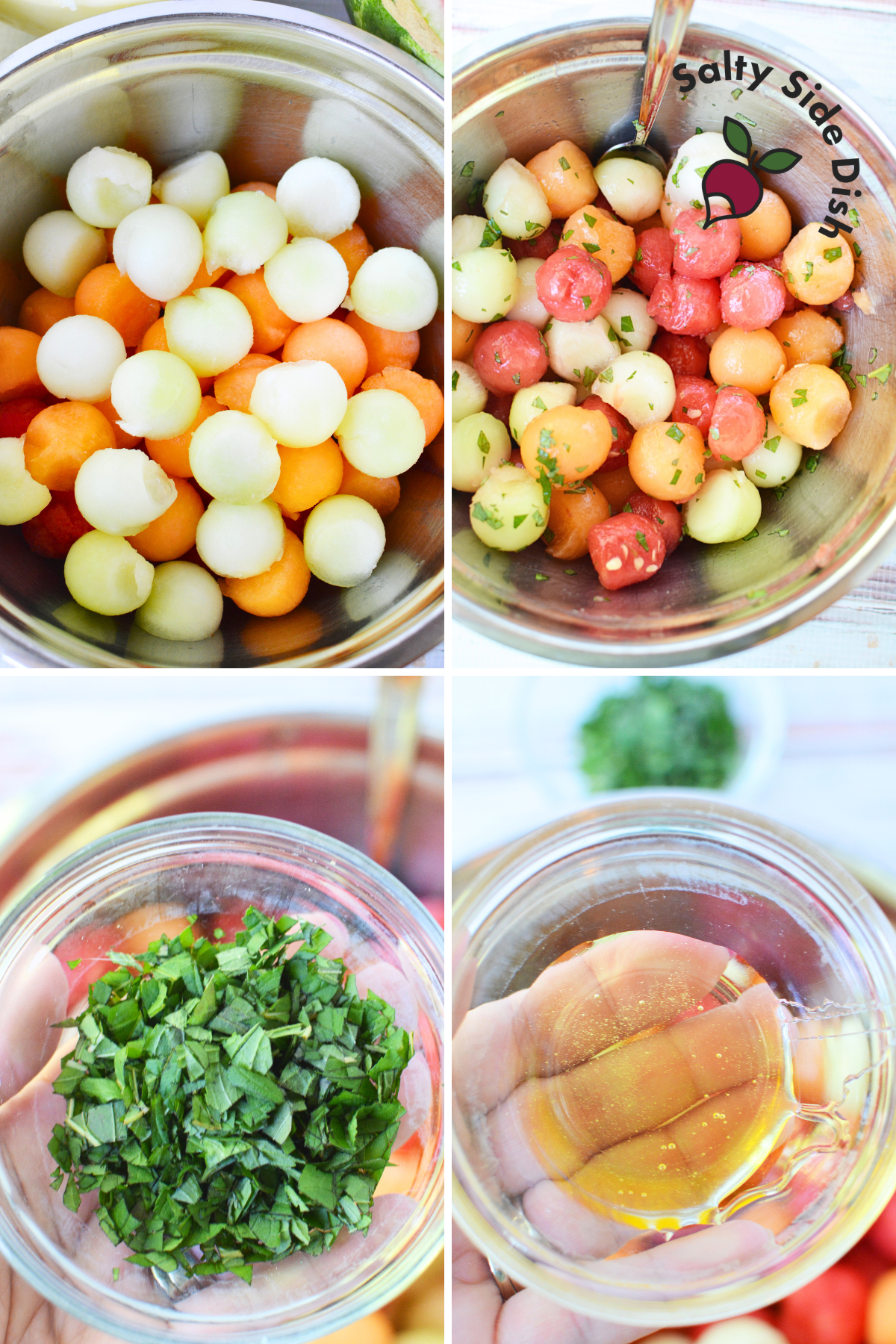 melon balls with honey mint dressing in a mixing bowl.