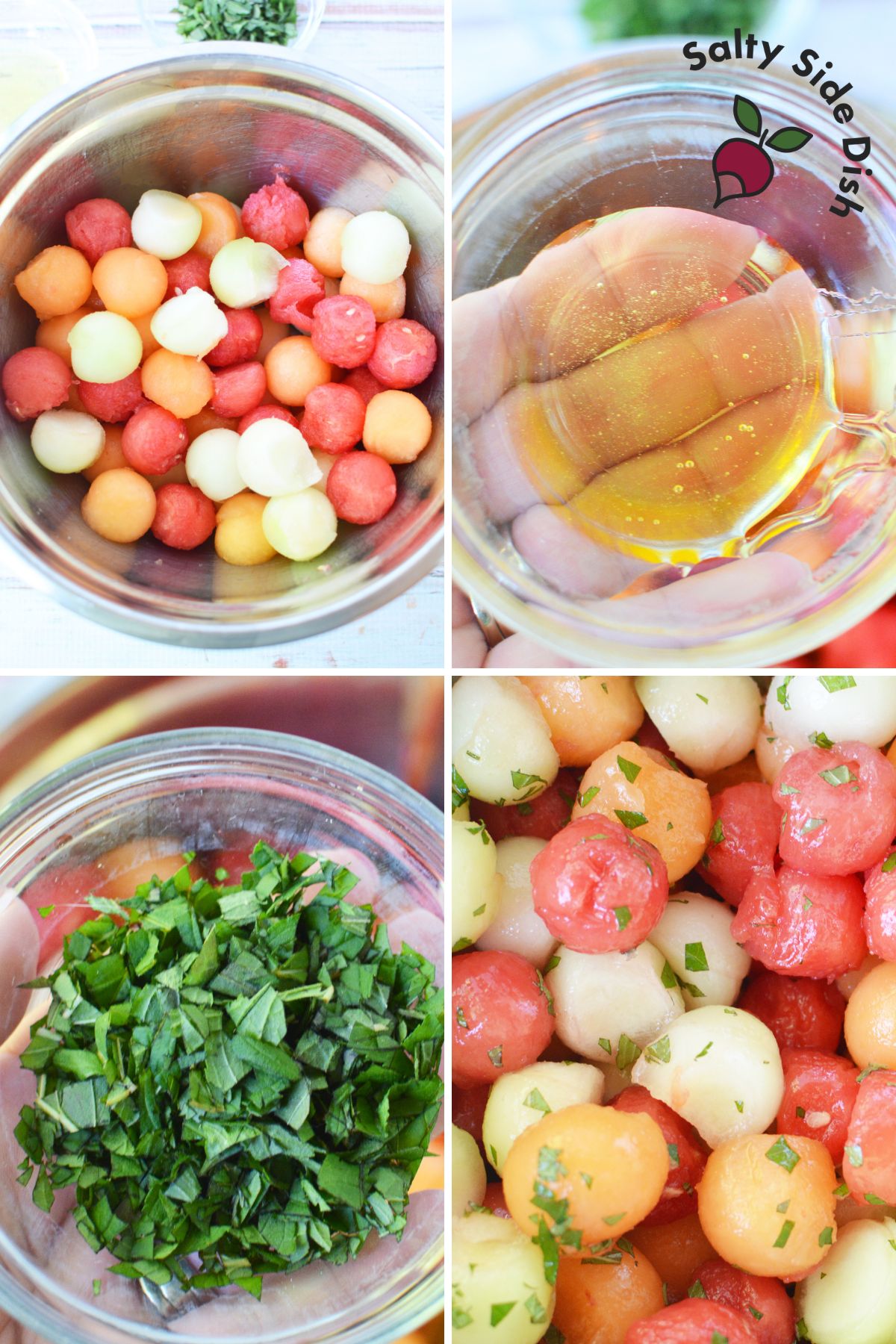 melon balls in a bowl marinating with lemon and honey