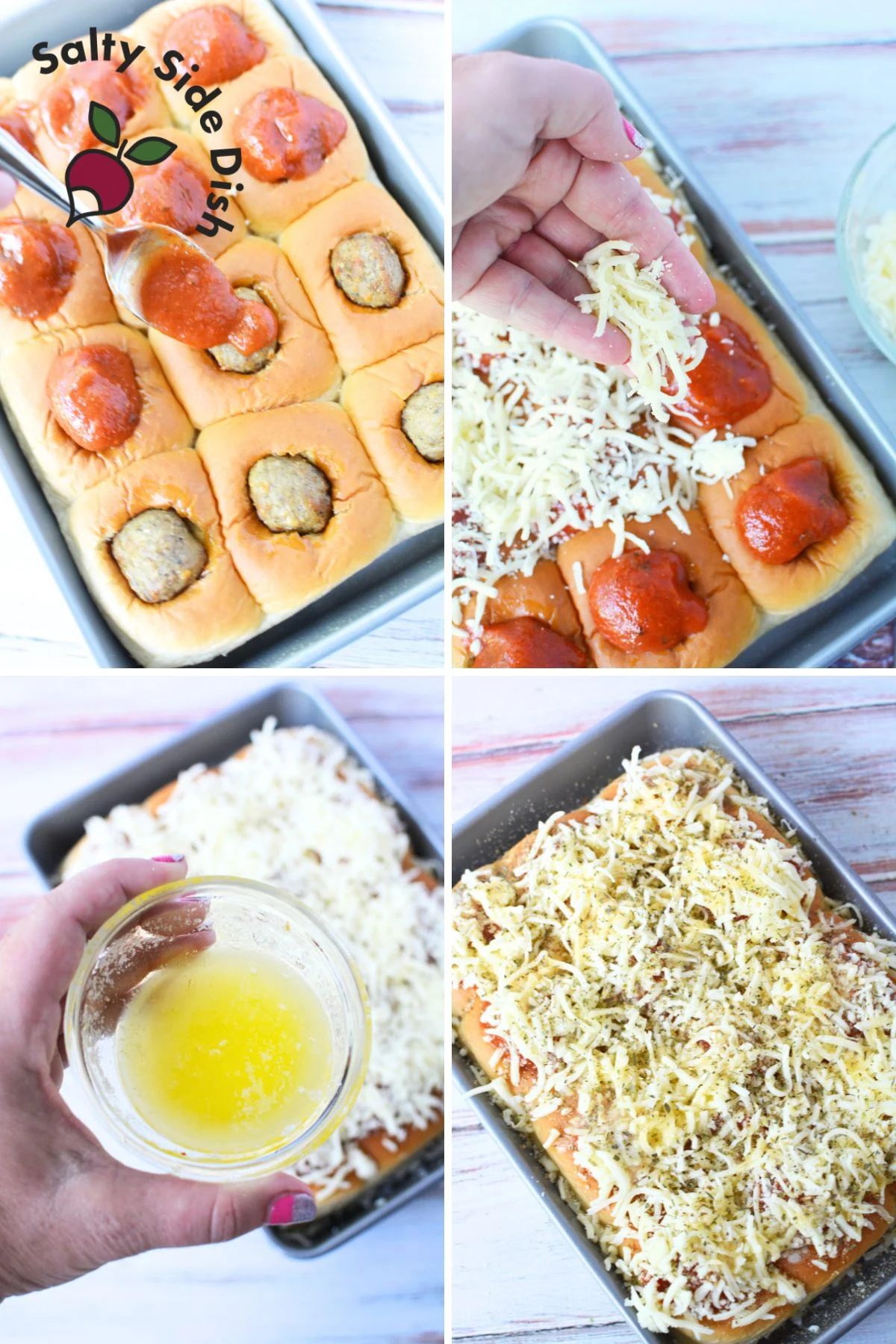 Shredded mozzarella cheese generously sprinkled over meatball sliders in a baking dish, ready to be melted in the oven.