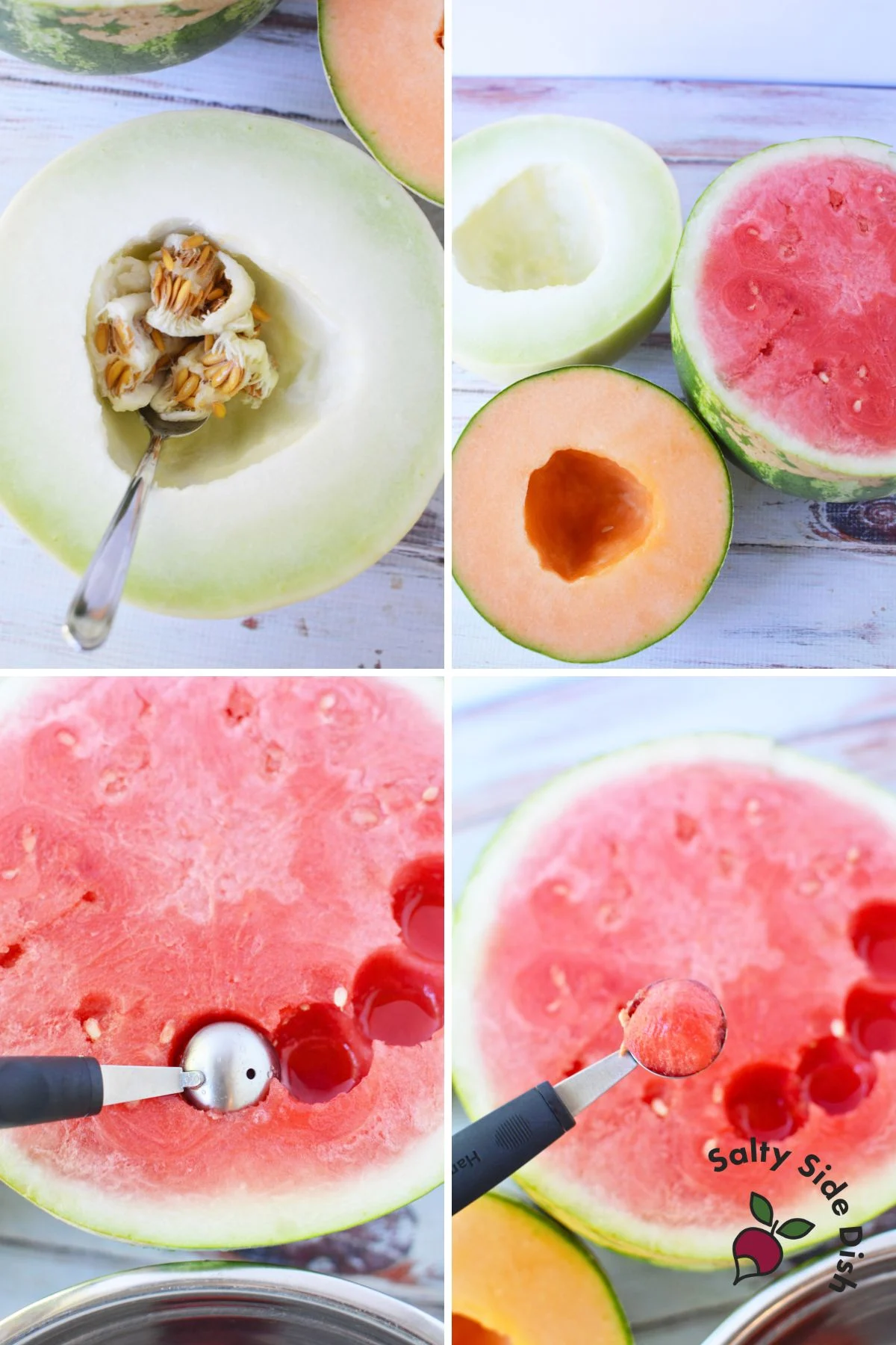 removing seeds from melons and making balls for skewers.