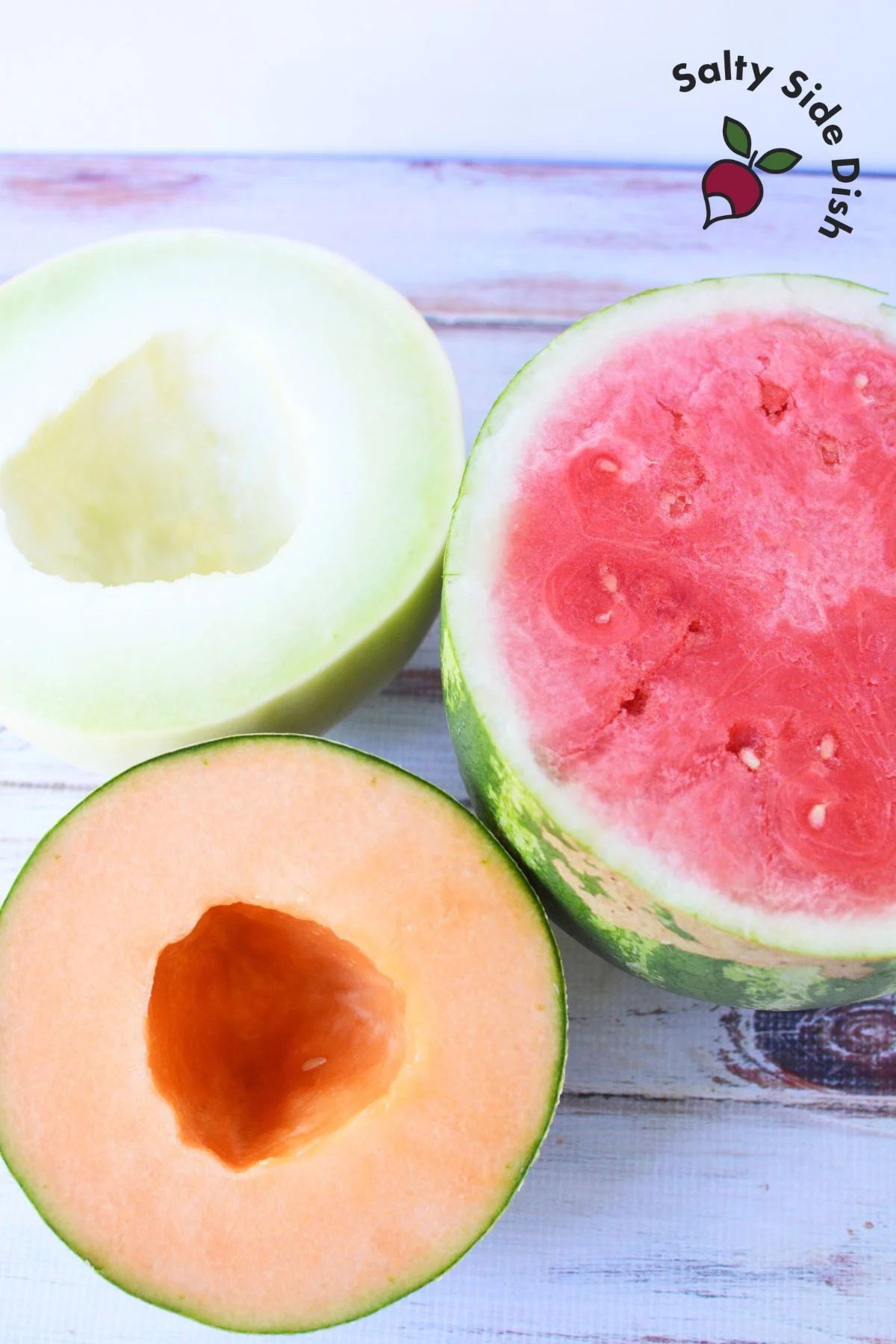 watermelon, cantaloupe, and honey dew ready for fruit salad.