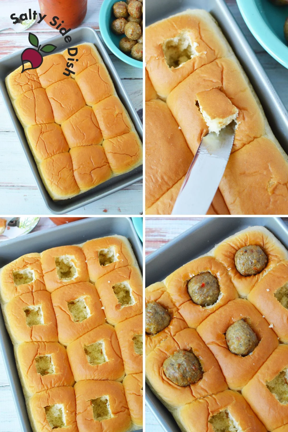 Hawaiian rolls being prepared in a baking dish with meatballs placed inside each roll, ready to be topped with marinara and cheese.