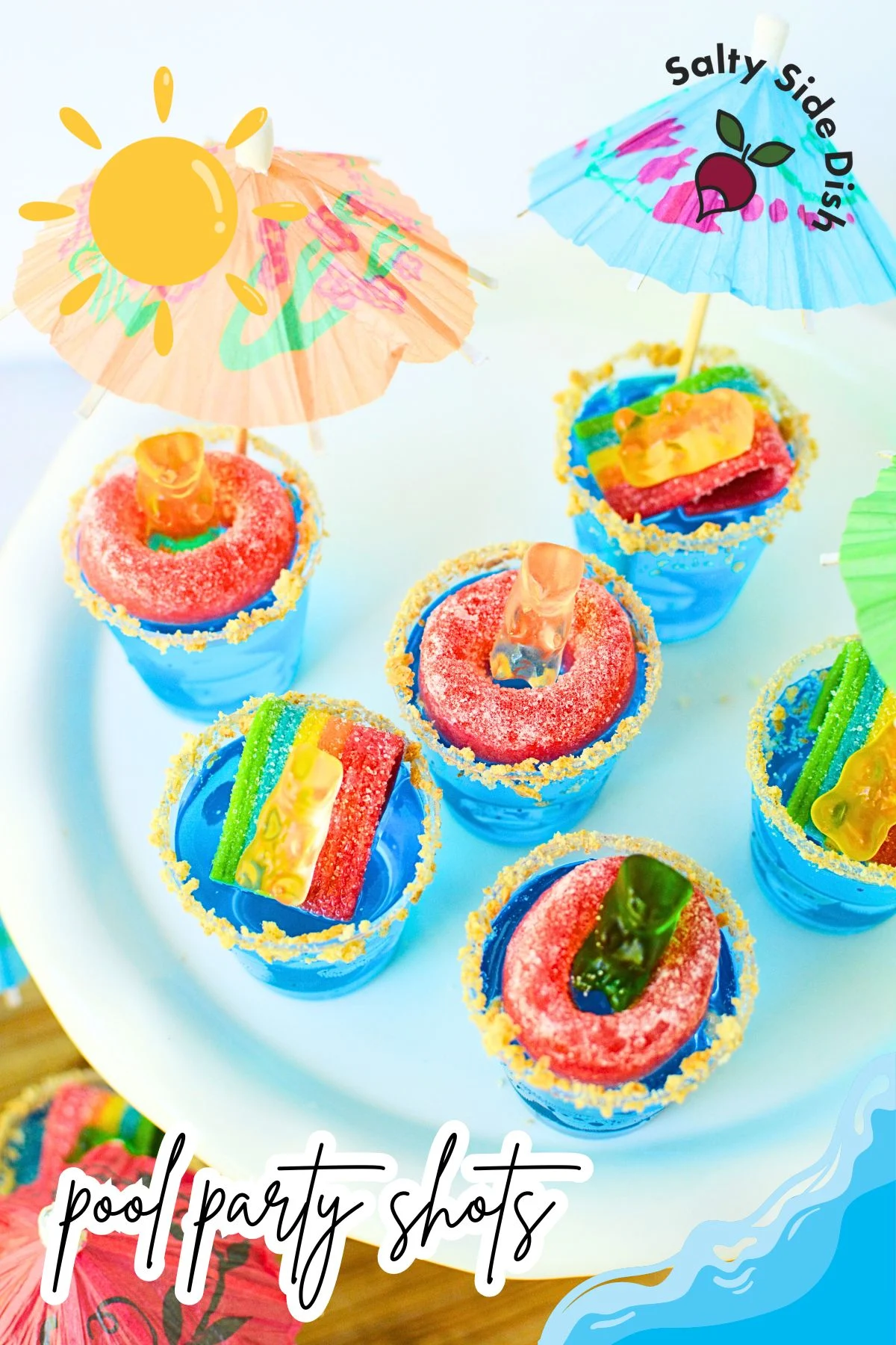 pool party jello shots with gummy bears on a platter.