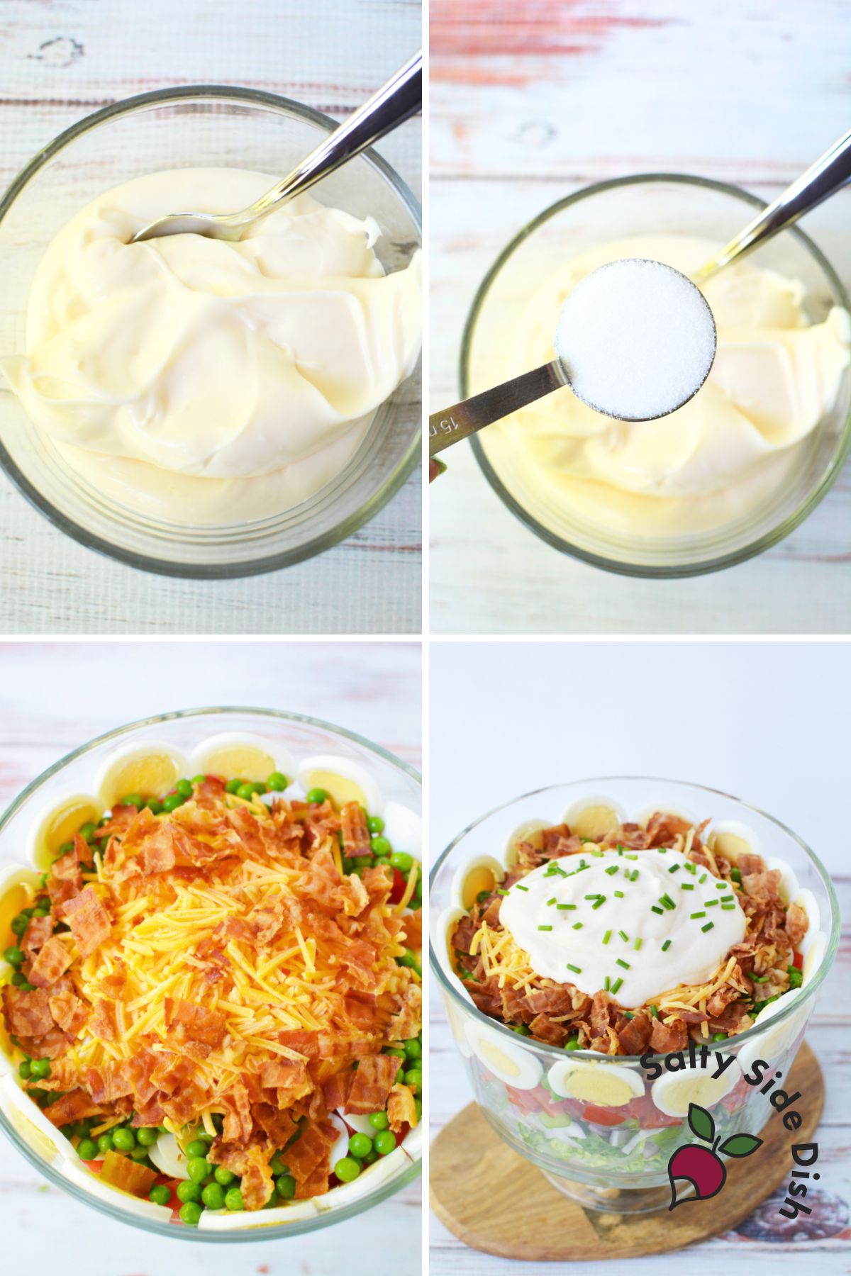 Easy to customize layered salad recipe with various vegetables.