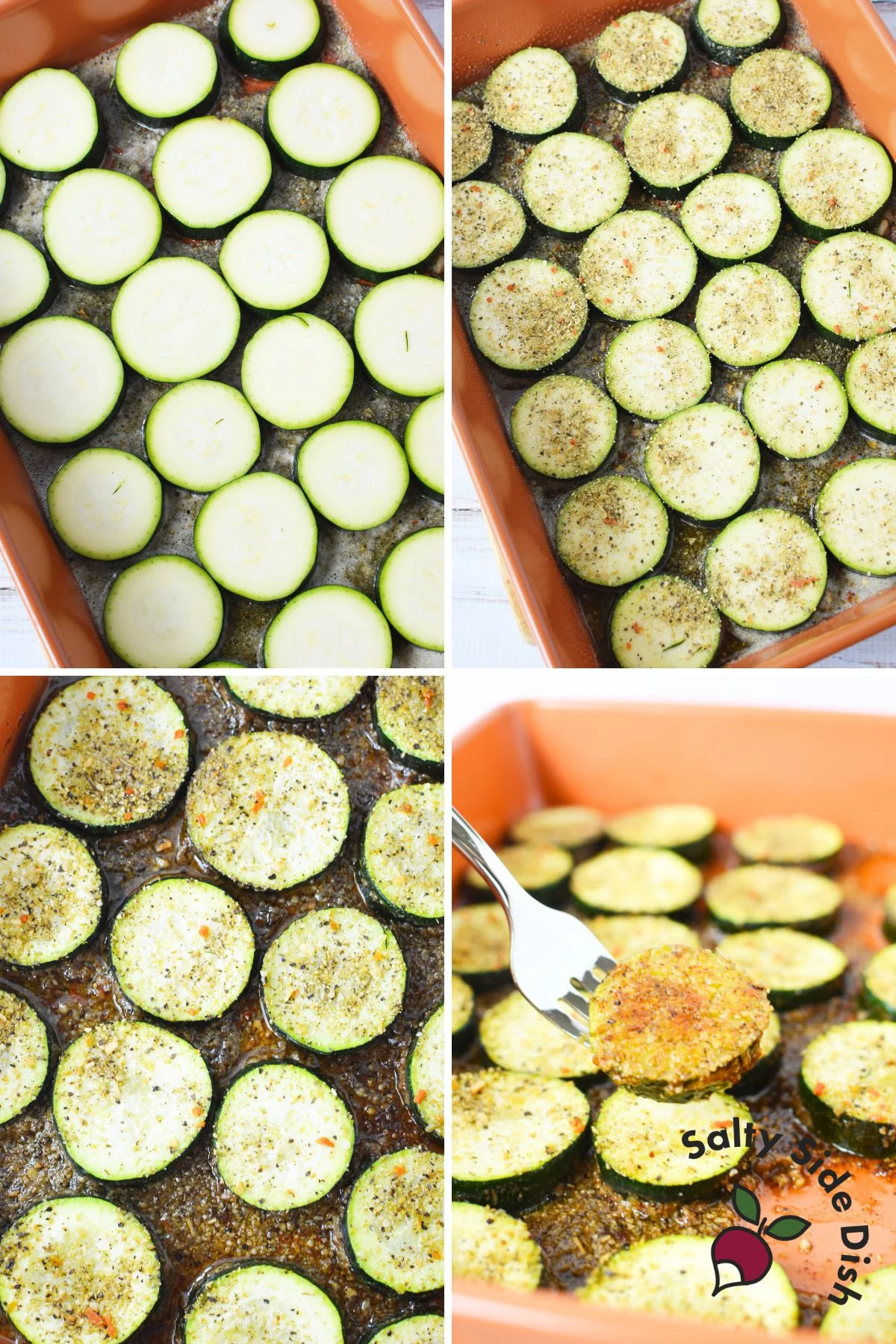 Golden brown zucchini rounds in a baking dish.