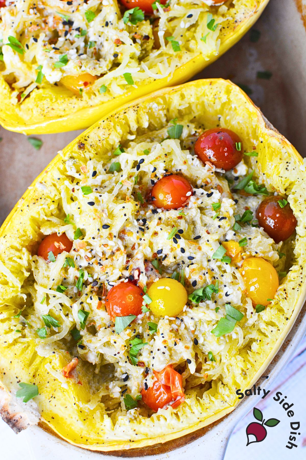 Vegetarian baked feta spaghetti squash dinner.