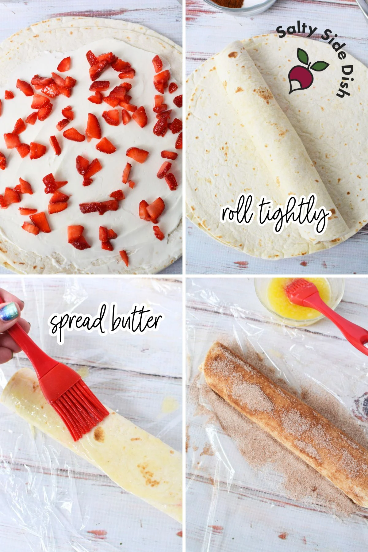 add strawberries onto tortillas and wrap tightly.