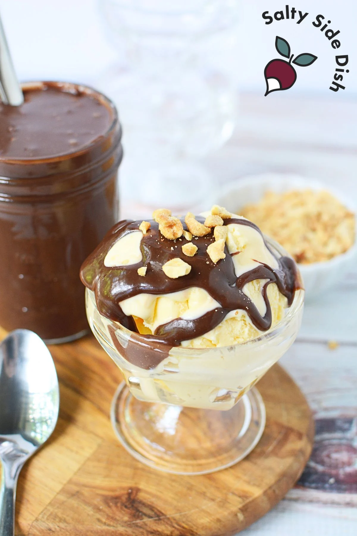 adding nuts to hot fudge.