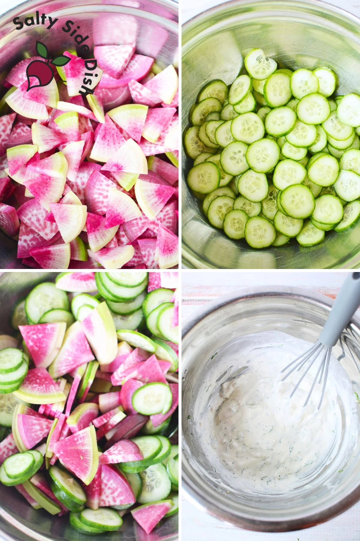 Mixing bowl with radish and cucumber slices.